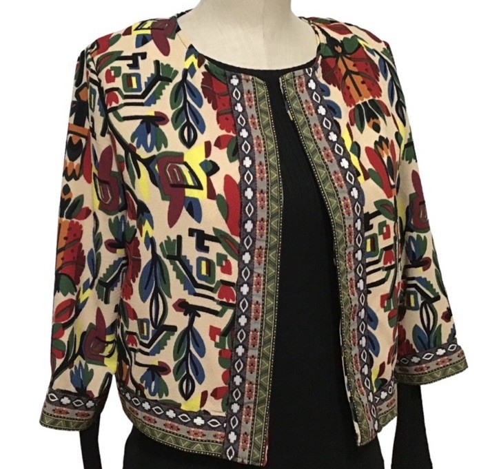 VTG Jacket Blazer Boho Tribal Floral Ethnic Artistic Multicolor Open Front -XL