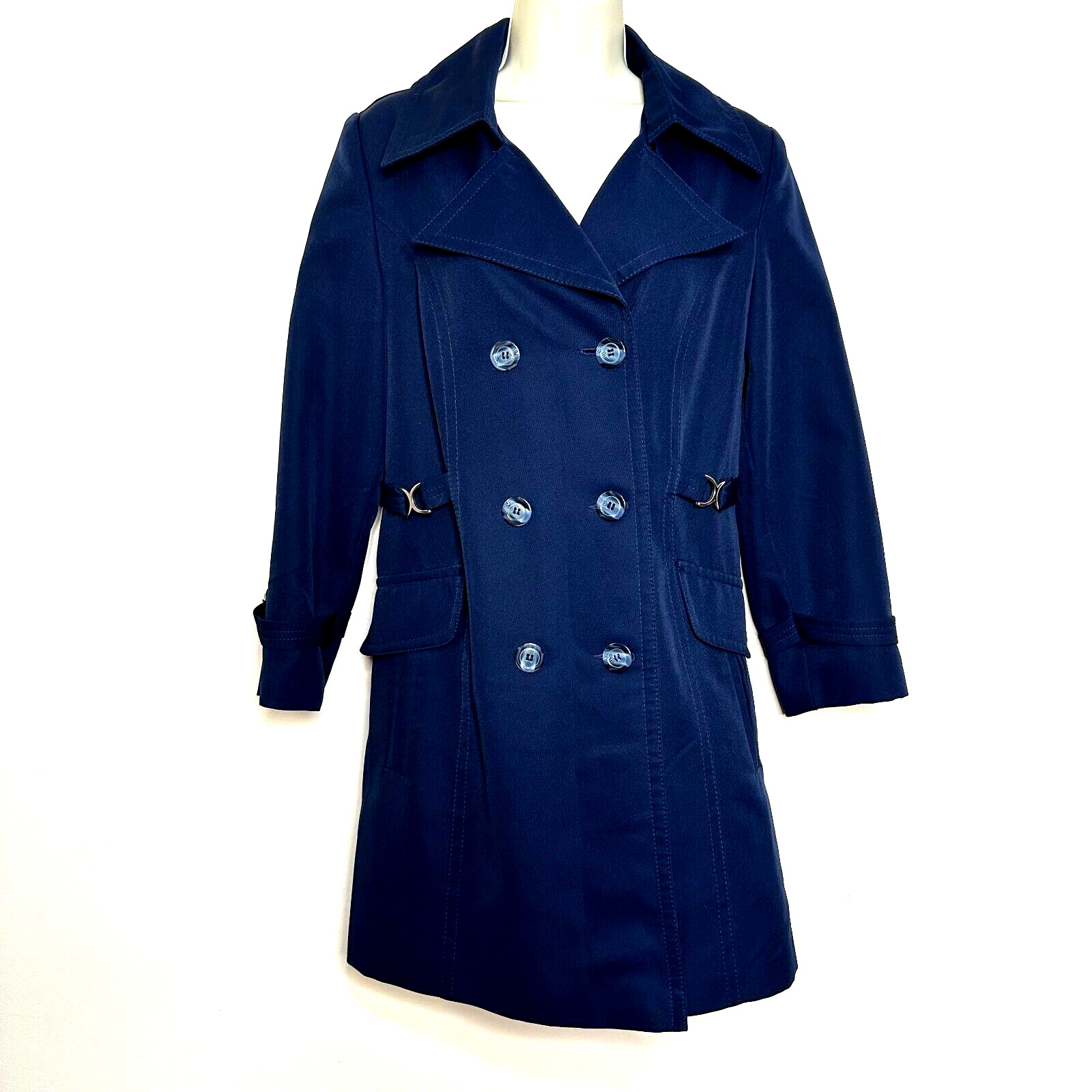 Vintage Dumond International Navy Blue Double Pea Trench Rain Coat Women’s S M