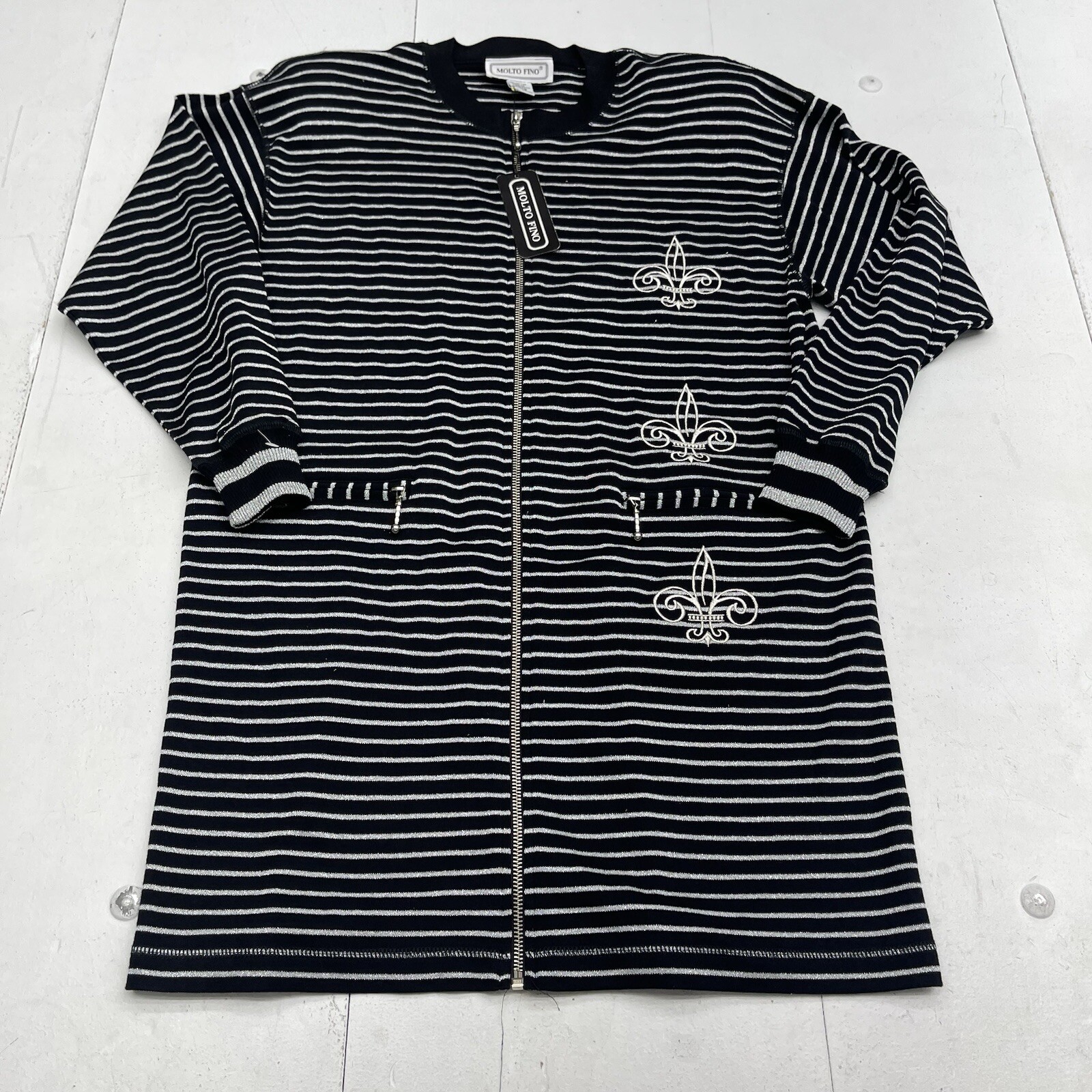 Vintage Molto Fino Black Silver Stripe Fleur De Lis Zip Up Jacket Women’s S New