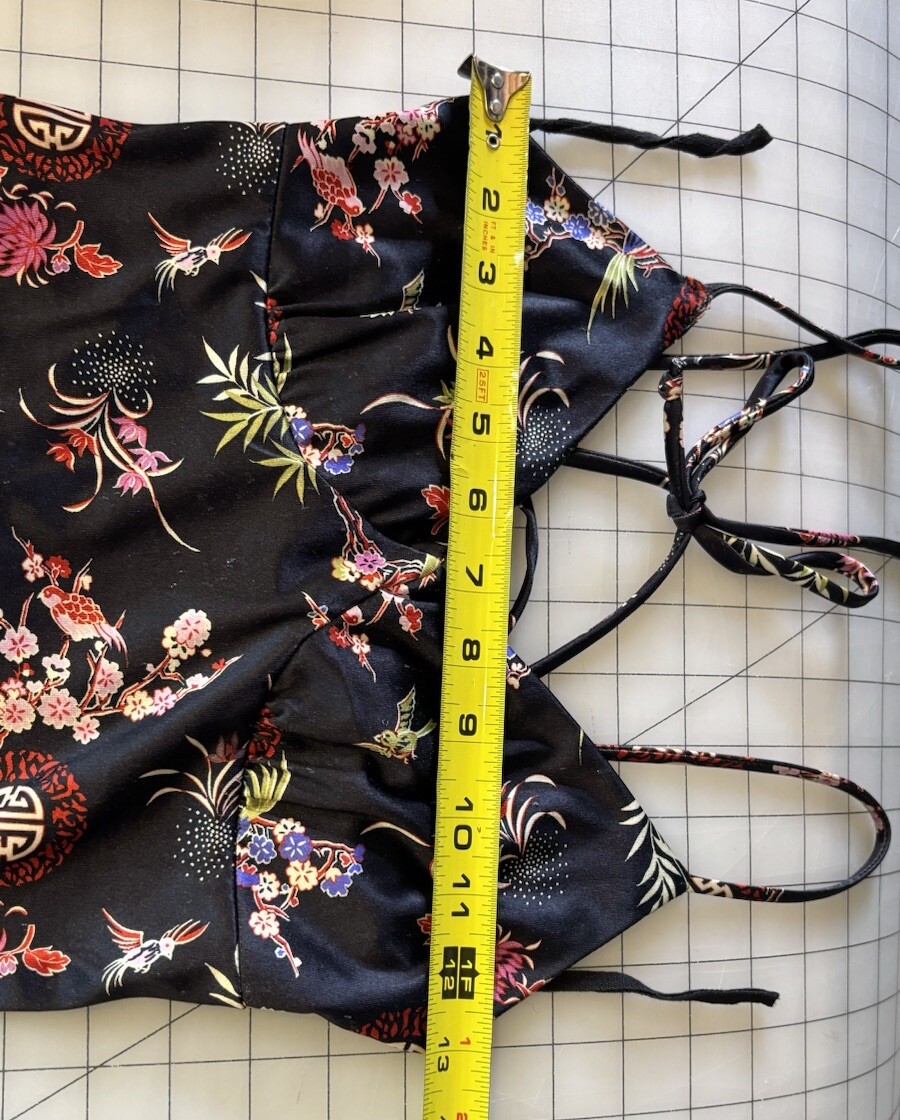 Vtg Y2K Slip Dress Black Oriental Pattern Hot Kiss Sz Small Lace Up Back