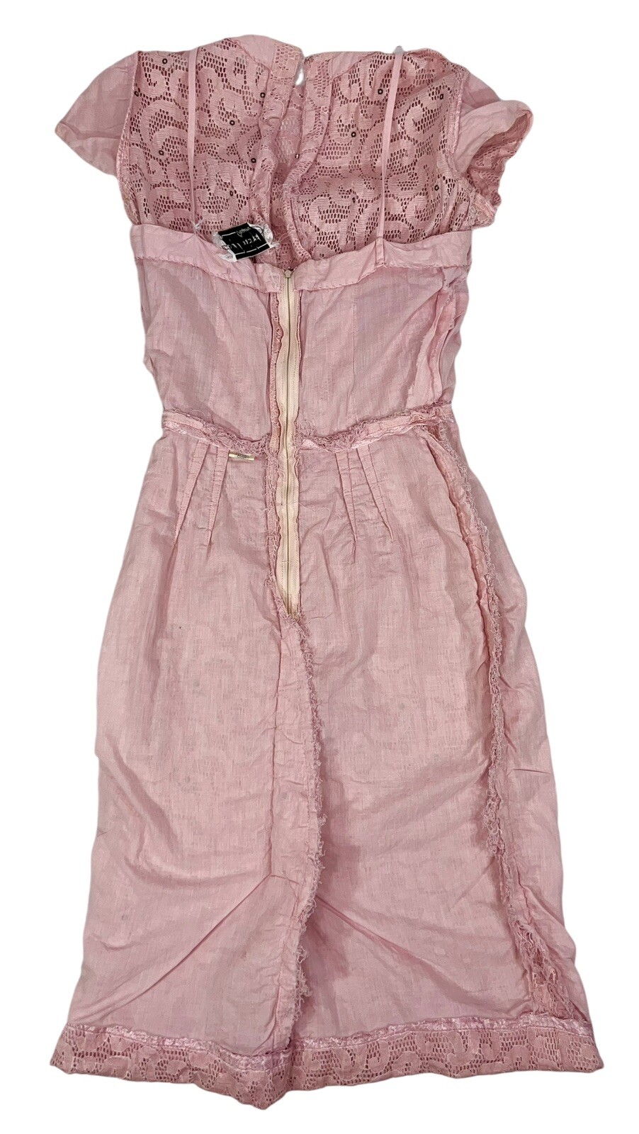VTG 1950s PAUL SACHS RHINESTONE PINK LACE COCKTAIL WIGGLE DRESS ROCKABILLY GLAM