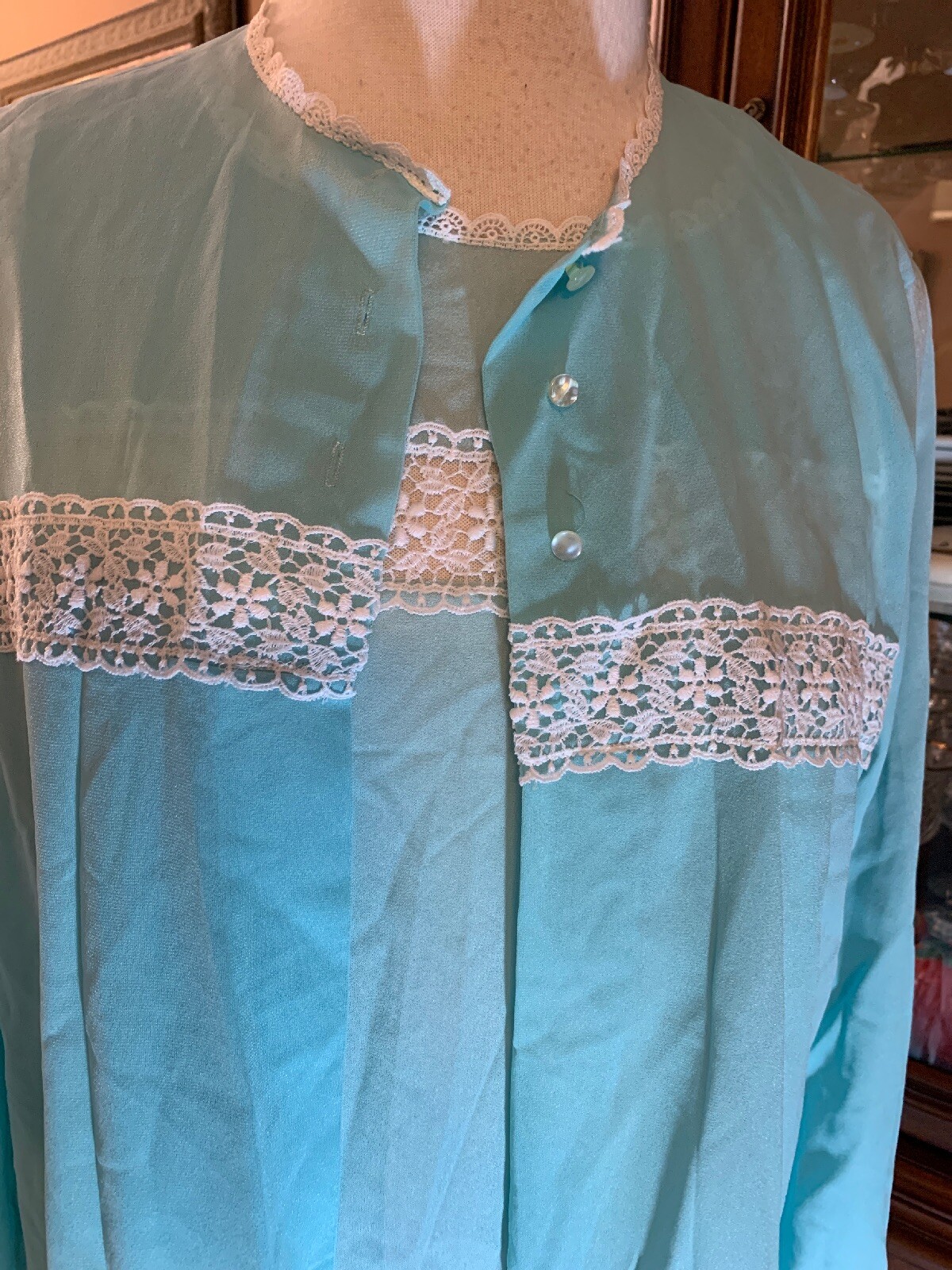 SISSY Slinky NYLON 2 PC NIGHTGOWN & Robe PEIGNOIR SET M Van Raalte Lace 40 Blue