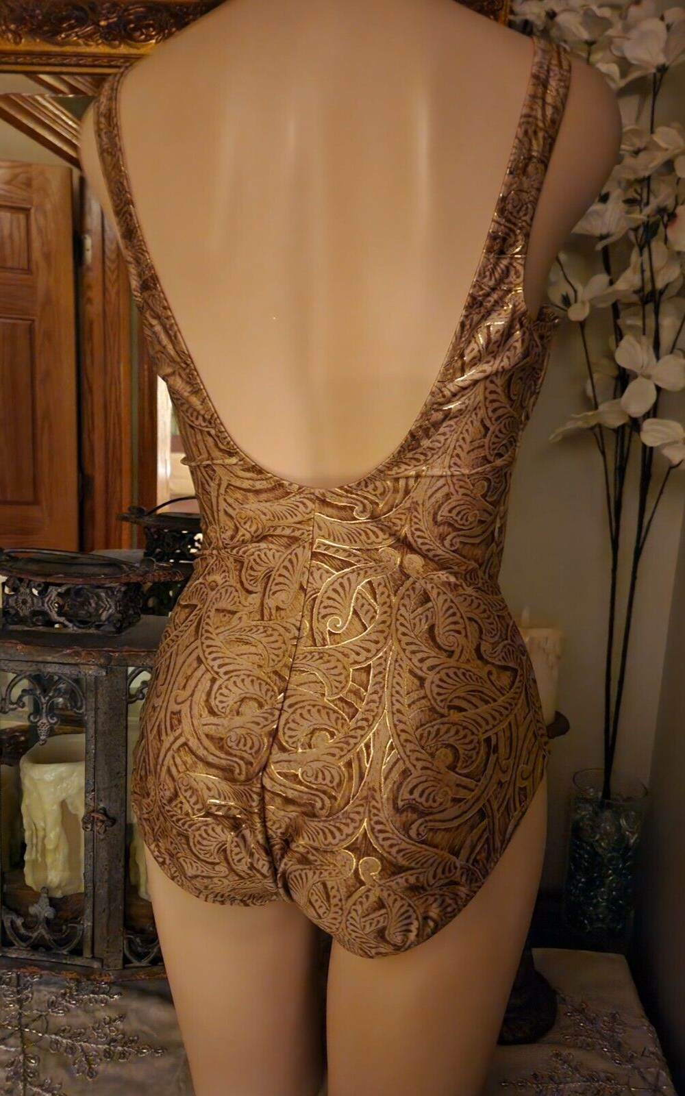 Vtg Gottex Metallic Gold SeaShell Shine Print Ruched PinUP Swimsuit Sz 12 L