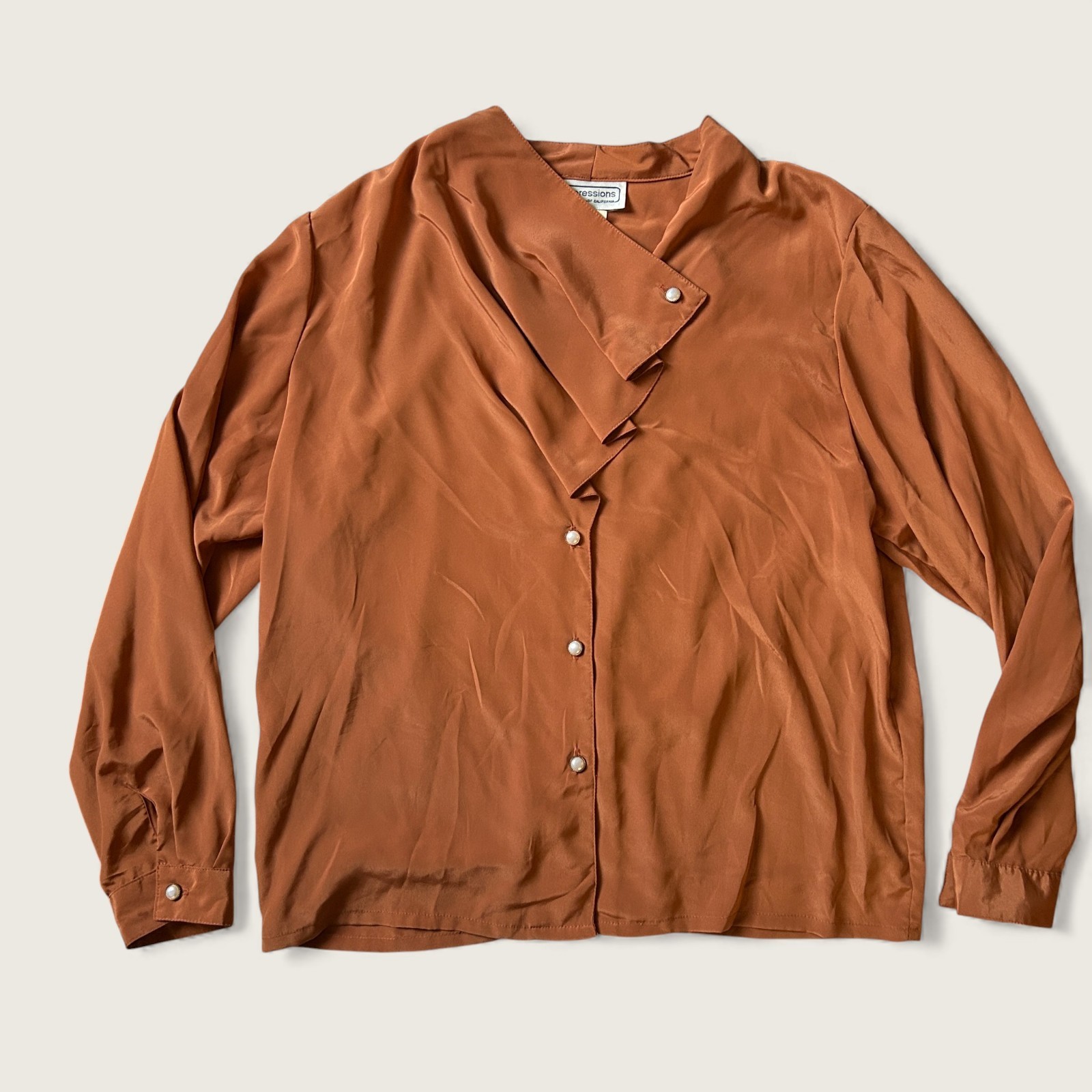 Vintage Impressions of California Rust Orange Silky Blouse Asymmetrical Collar