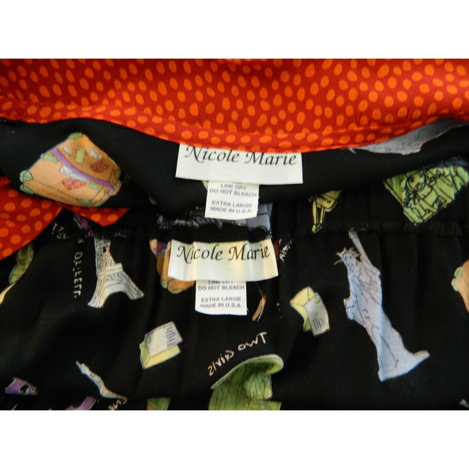 Nicole Marie Skirt Set Women XL Black Travel Novelty Print Rayon 90s Vintage USA