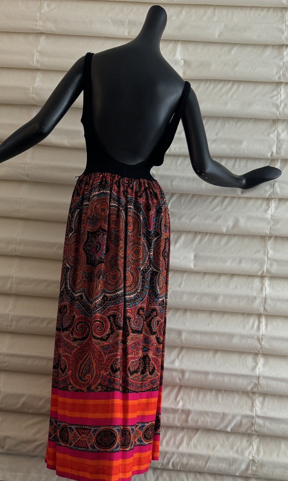 Vtg MOD 60s 70s Paisley Black Stretch Maxi Long Swim Hawaiian Dress Tiki Oasis