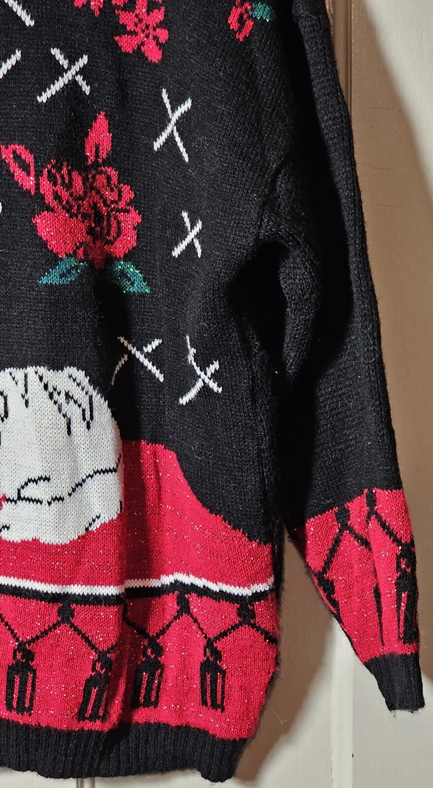 VTG SPUNKY Ugly Sweater Women L Black Red Metallic Whimsygoth White Spooky Cat