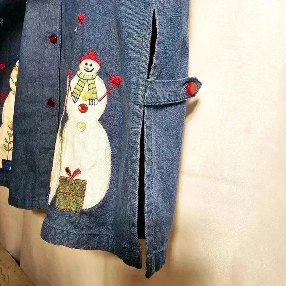 Vintage Bobbie Brooks Womens Blue Denim Button-up Snowman Smock Blouse 22W/24W