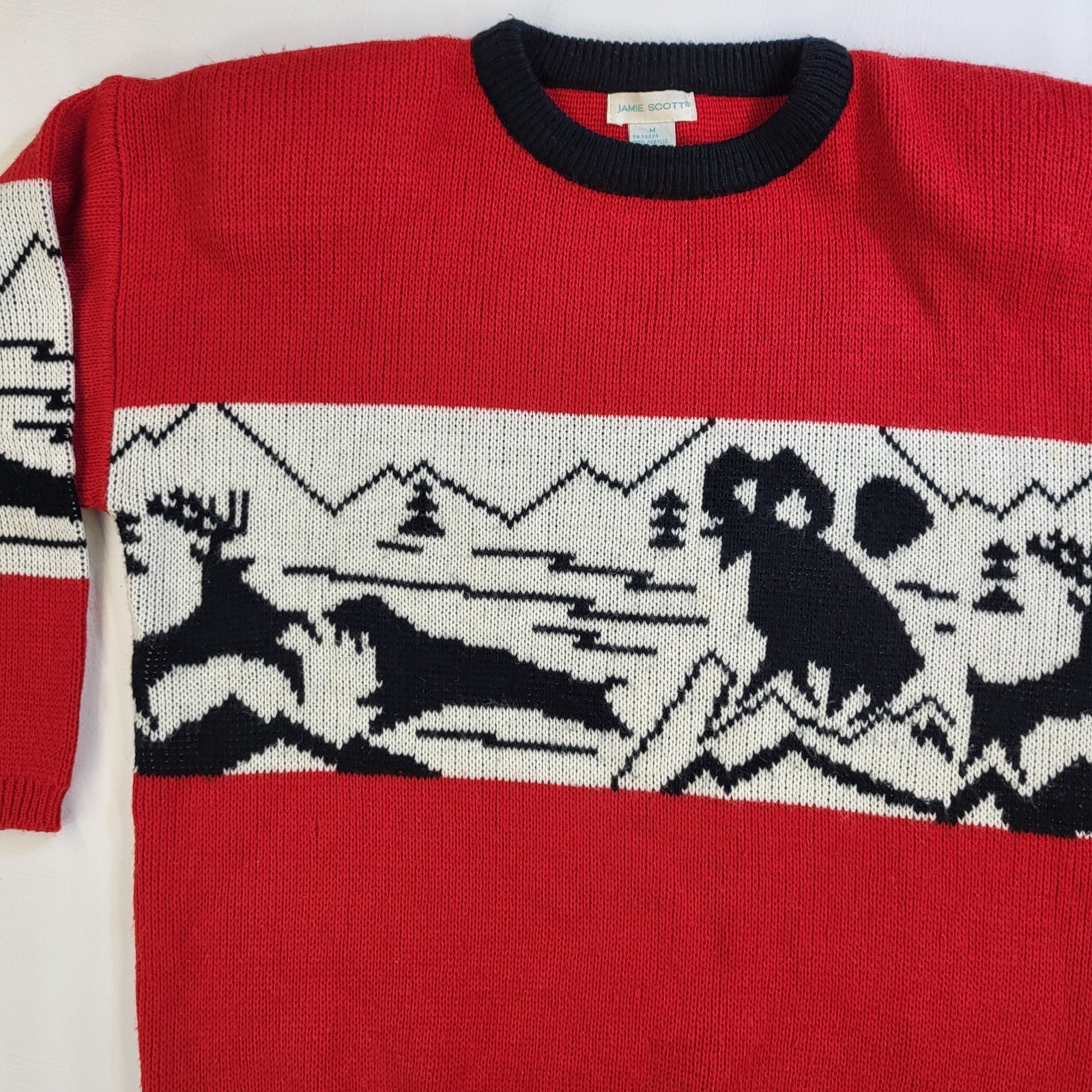 Vtg Jamie Scott Red Knit Sweater Reindeer Antelope Retro Ugly Christmas Cozy 80s