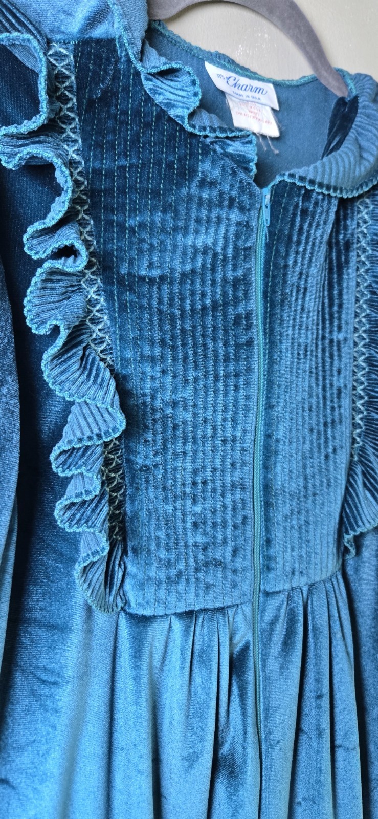 Vintage Teal Velvet Prairie Dress Ruffle Trim Made in USA Cottagecore
