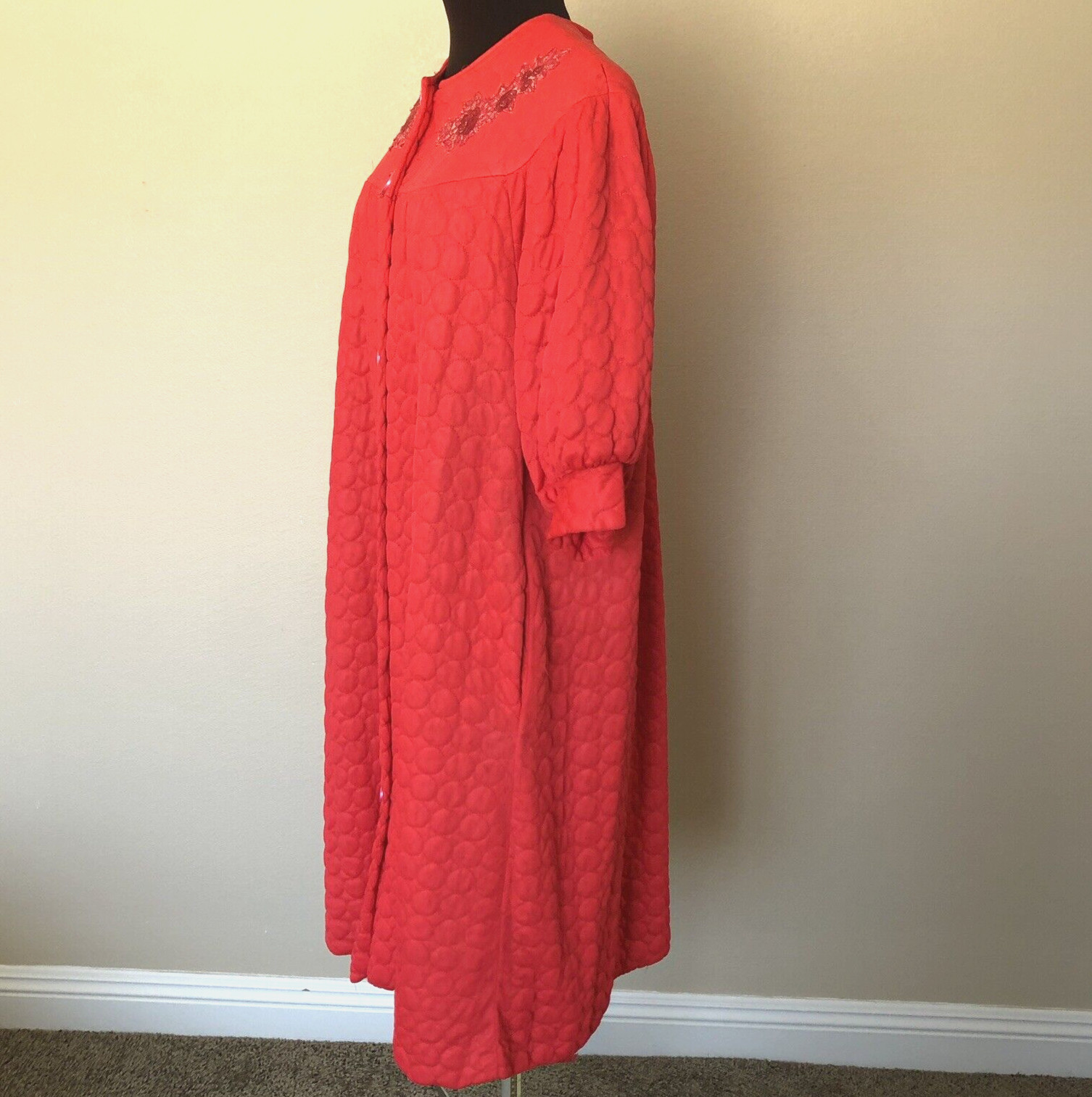 50’s 60’s Vintage Quilted House Dress Robe Red Pockets Applique No Label