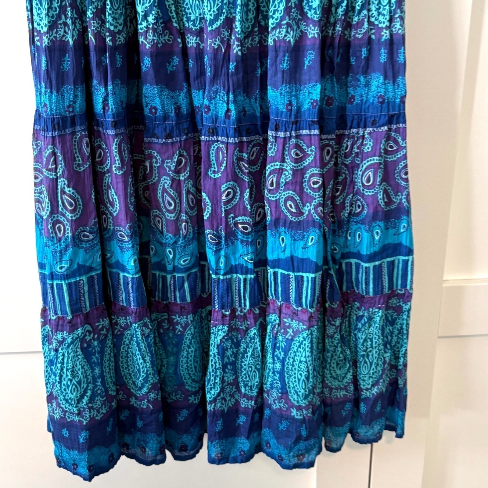 C.M. Shapes Women’s Vintage Blue Purple Full Crinkle Maxi Skirt in Size L