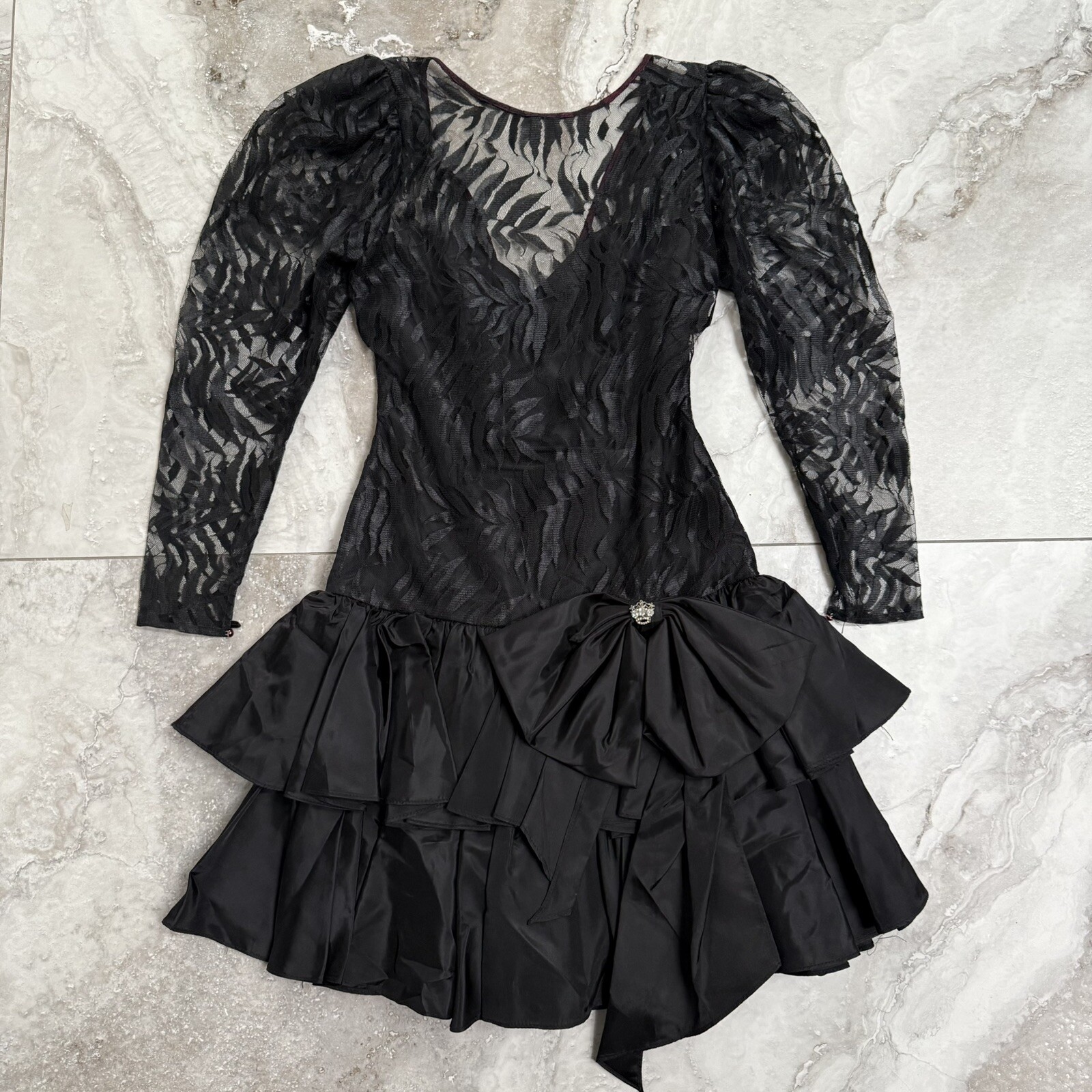 Vintage Contempo Casuals Lace Taffeta Tiered Bow 1980s Dress Size 5/6 Black
