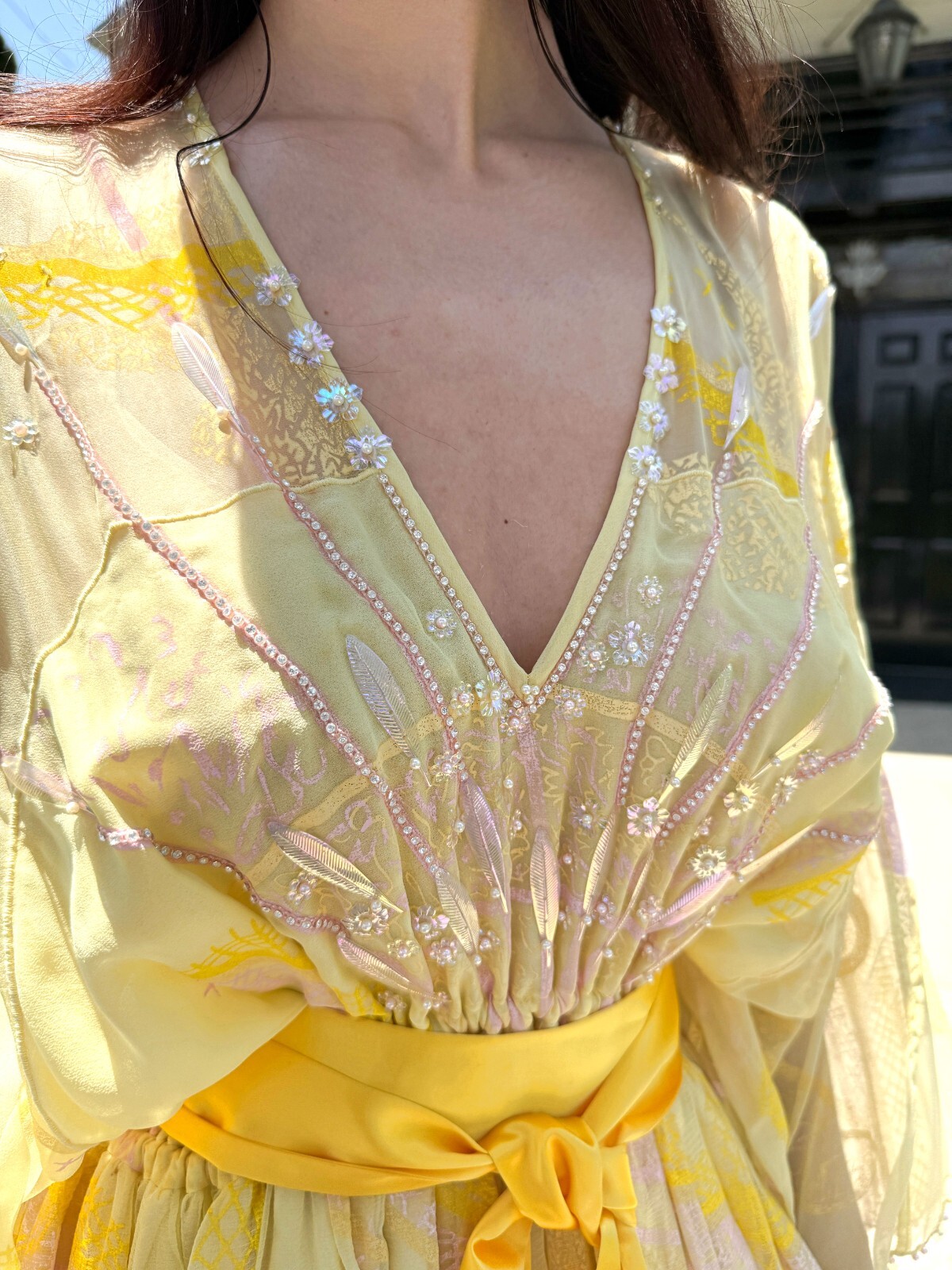 Vintage ZANDRA RHODES Iconic Silk Chiffon Gown 6 Yellow Hand Painted 1970’s Midi
