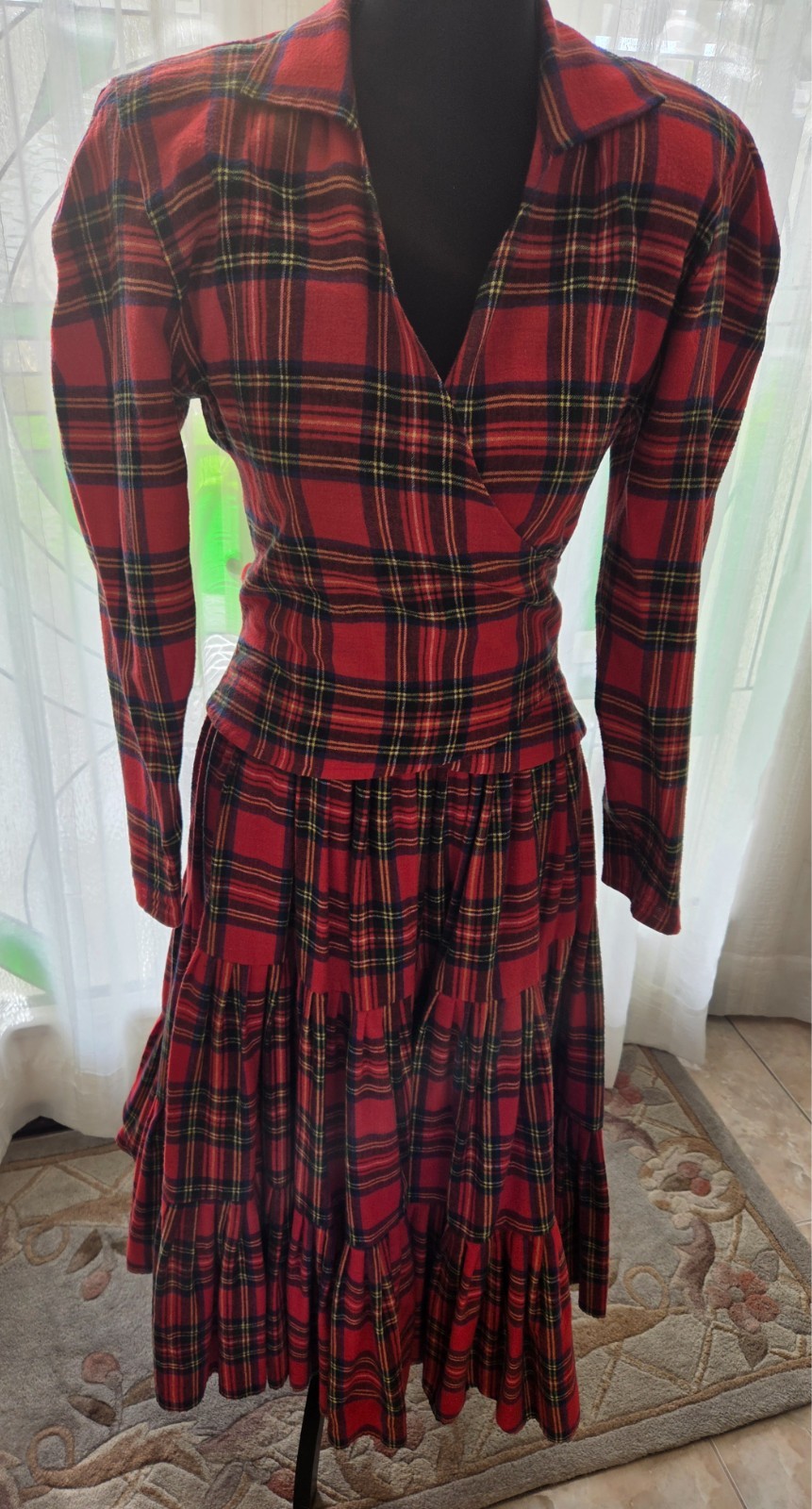 Vintage Norma Kamali Petite Red Plaid Skirt and Top from Neiman Marcus