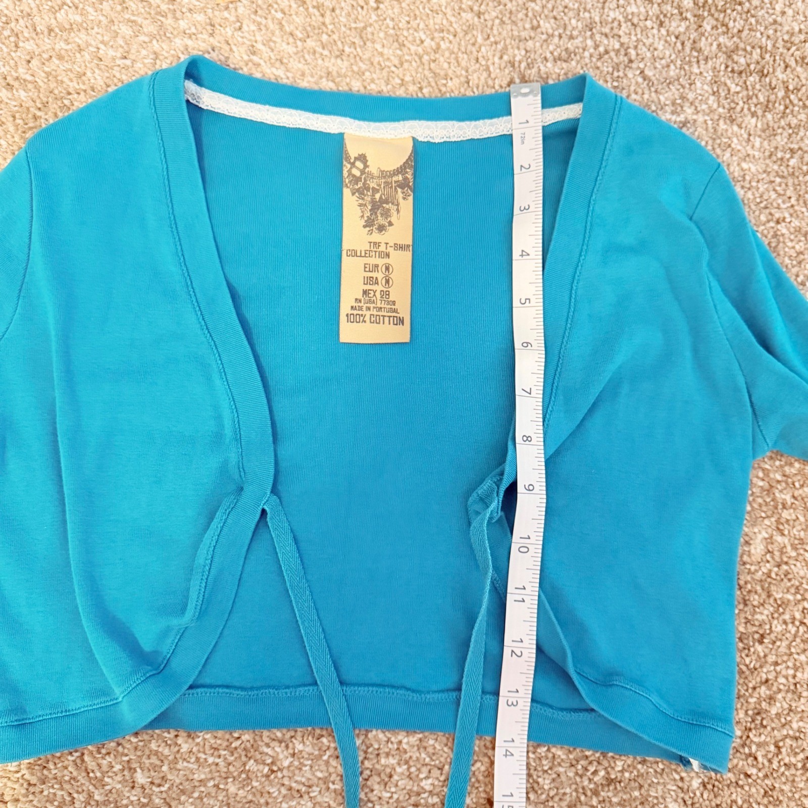 Vintage TRF Tshirt Co Teal Babydoll Half Cropped Sweater Tie Front Y2K SZ M
