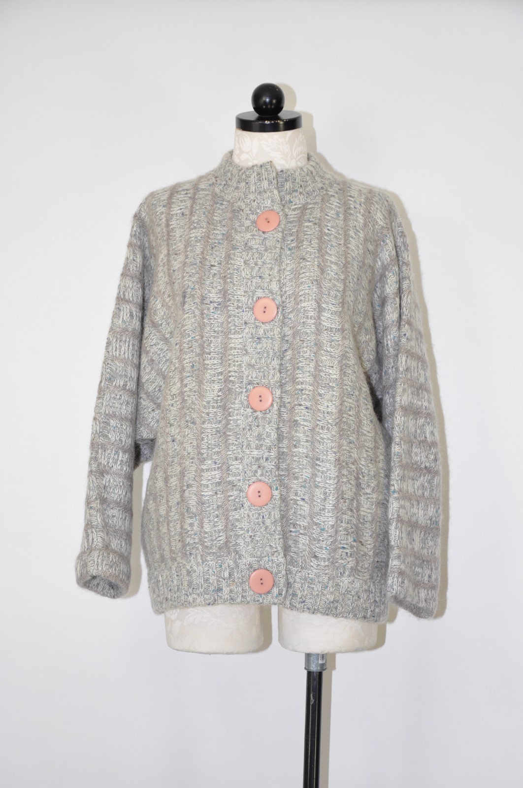 80s Vintage Gray Fuzzy Wool Mohair Buttoned Cardigan Sweater Jacket Women L XL