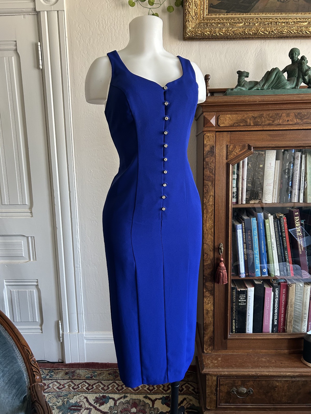 Vintage 1990s CDC Petite Blue Button Up Strappy Midi Wiggle Dress Sweetheart 6P