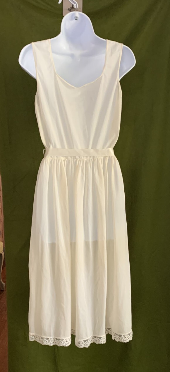 Vtg 60s Nightgown Butter Yellow Nylon Lace Fairycore Satin Ribbon Tie Sz 38