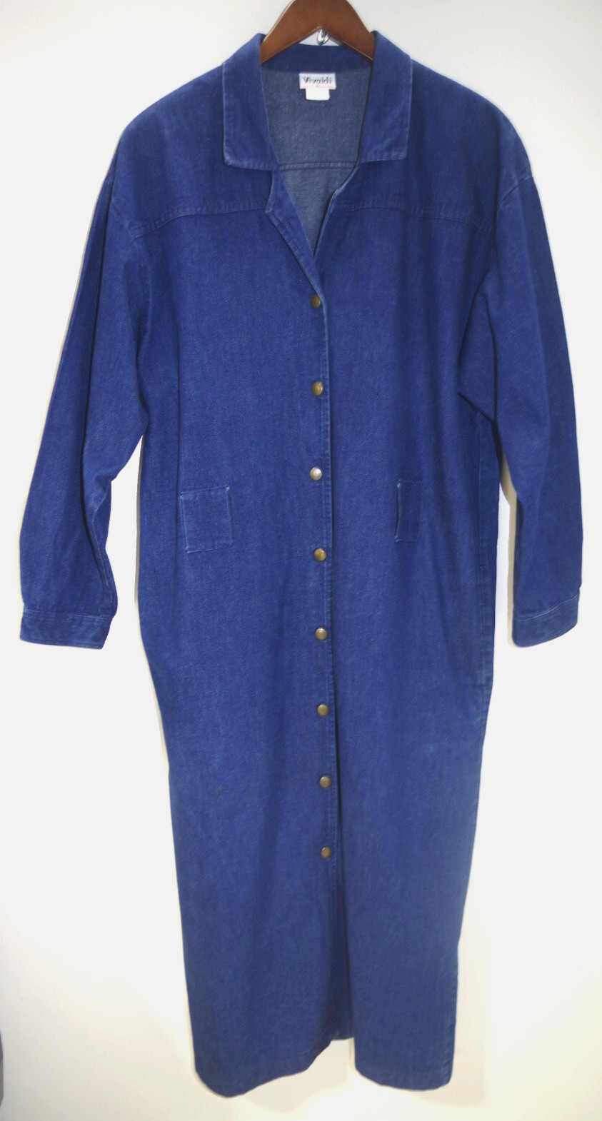#55 Vivaldi Denim Long Dress 14 VTG Pockets L/S Sheath Snap Down Belt Loops USA