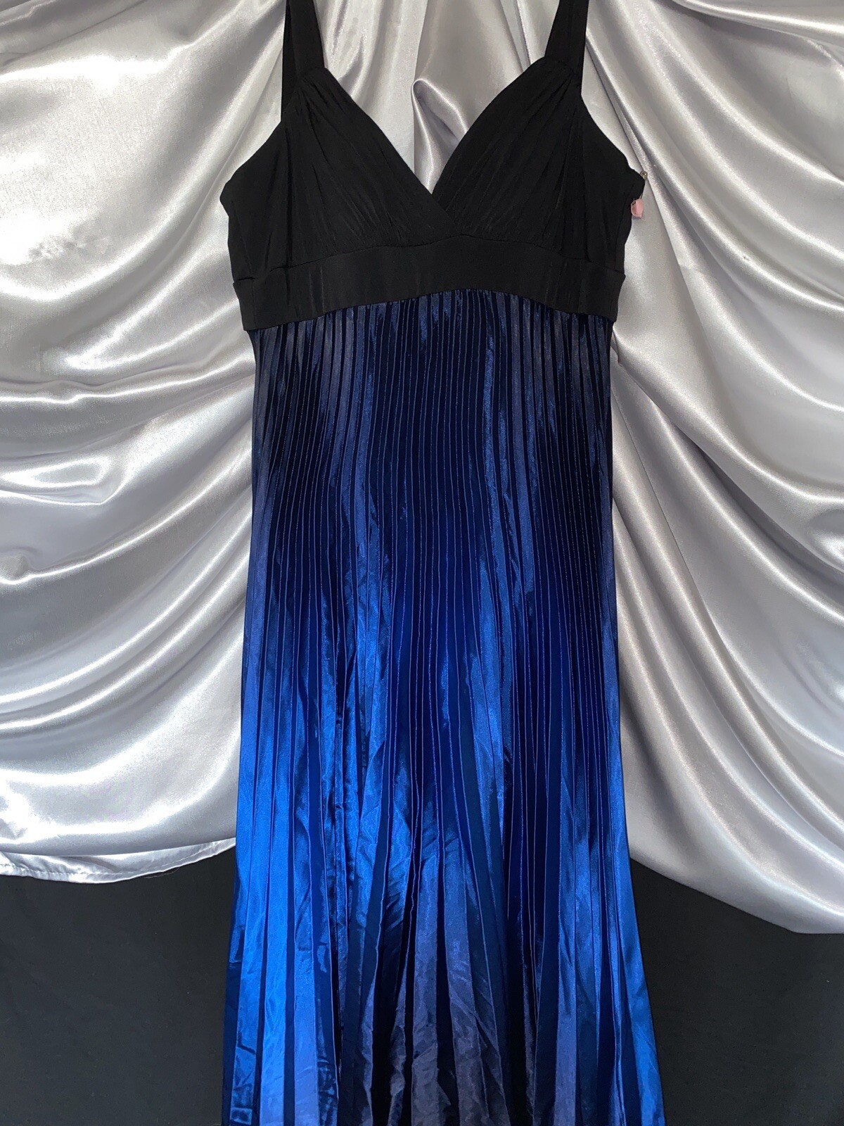 VTG SATIN BLUE OMBRE SHINY CRYSTAL ACCORDIAN PLEAT MAXI FORMAL DRESS 12 FERNELL