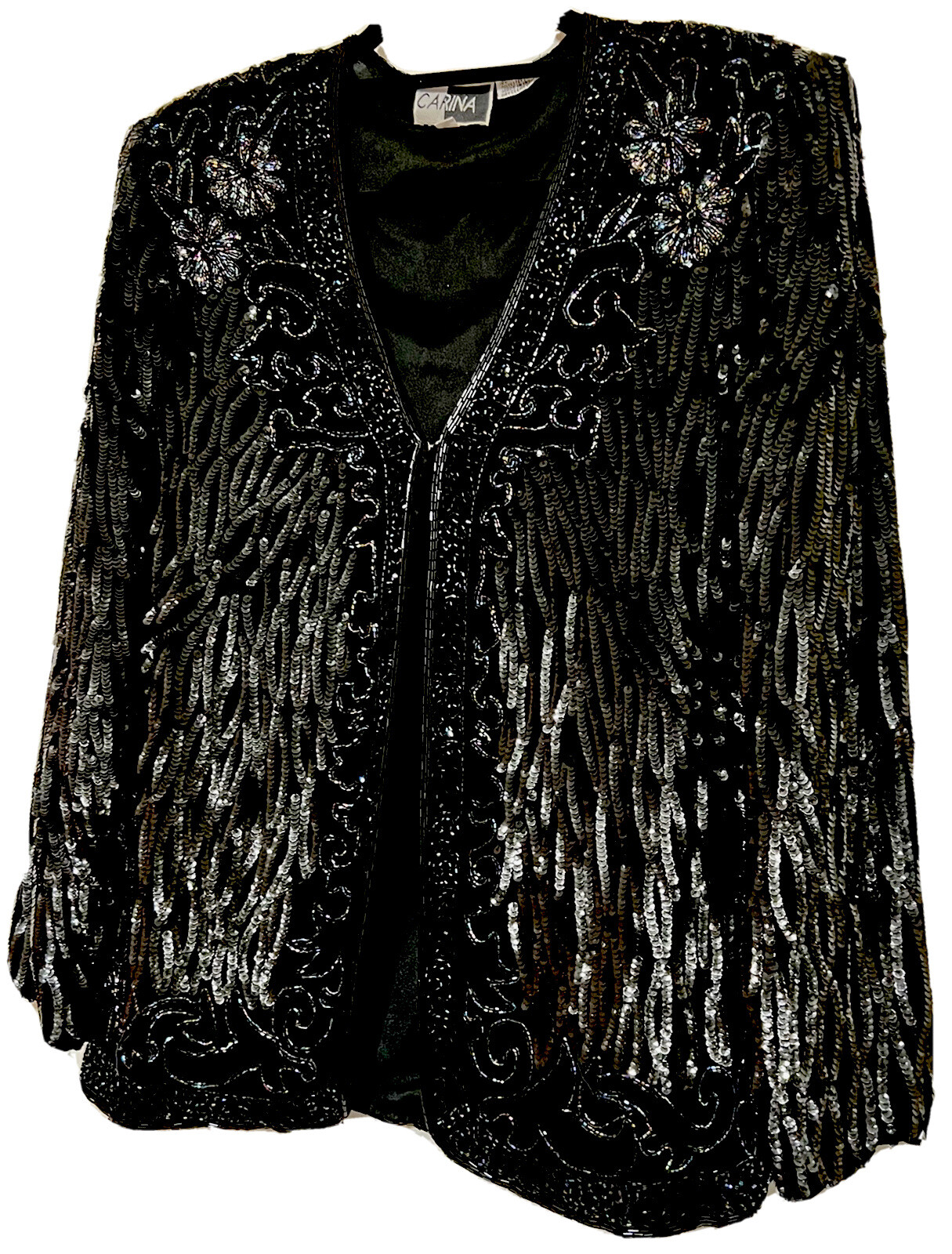 Vintage Carina Size L Jacket 100% Silk Black Sequin & Iridescent Seed Bead
