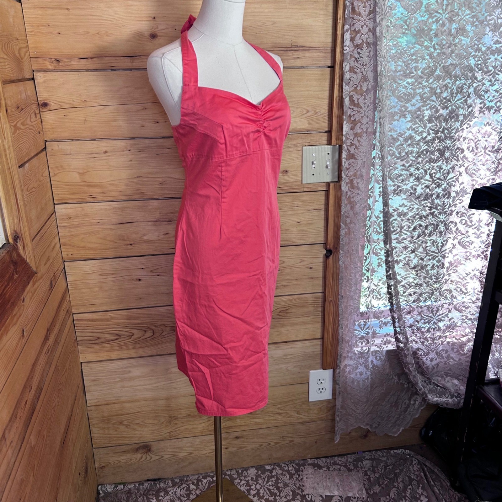 Vintage Halter Wiggle Dress Women Large Coral Pink Ruched Sweetheart Sweet Soul