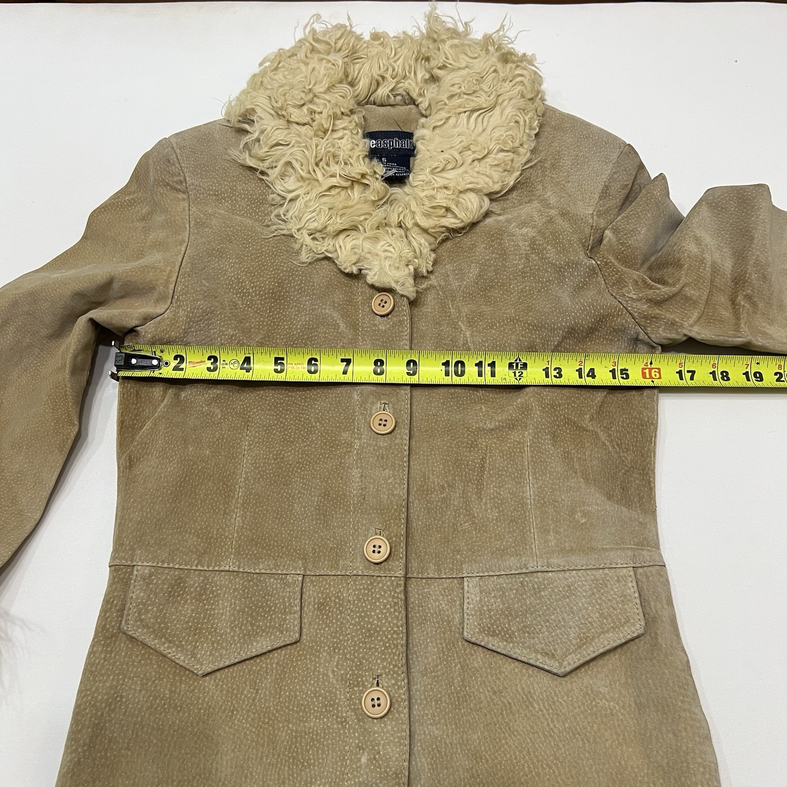 Vintage Blue Asphalt Penny Lane Coat Tan Suede Leather Faux Fur Trim size Small