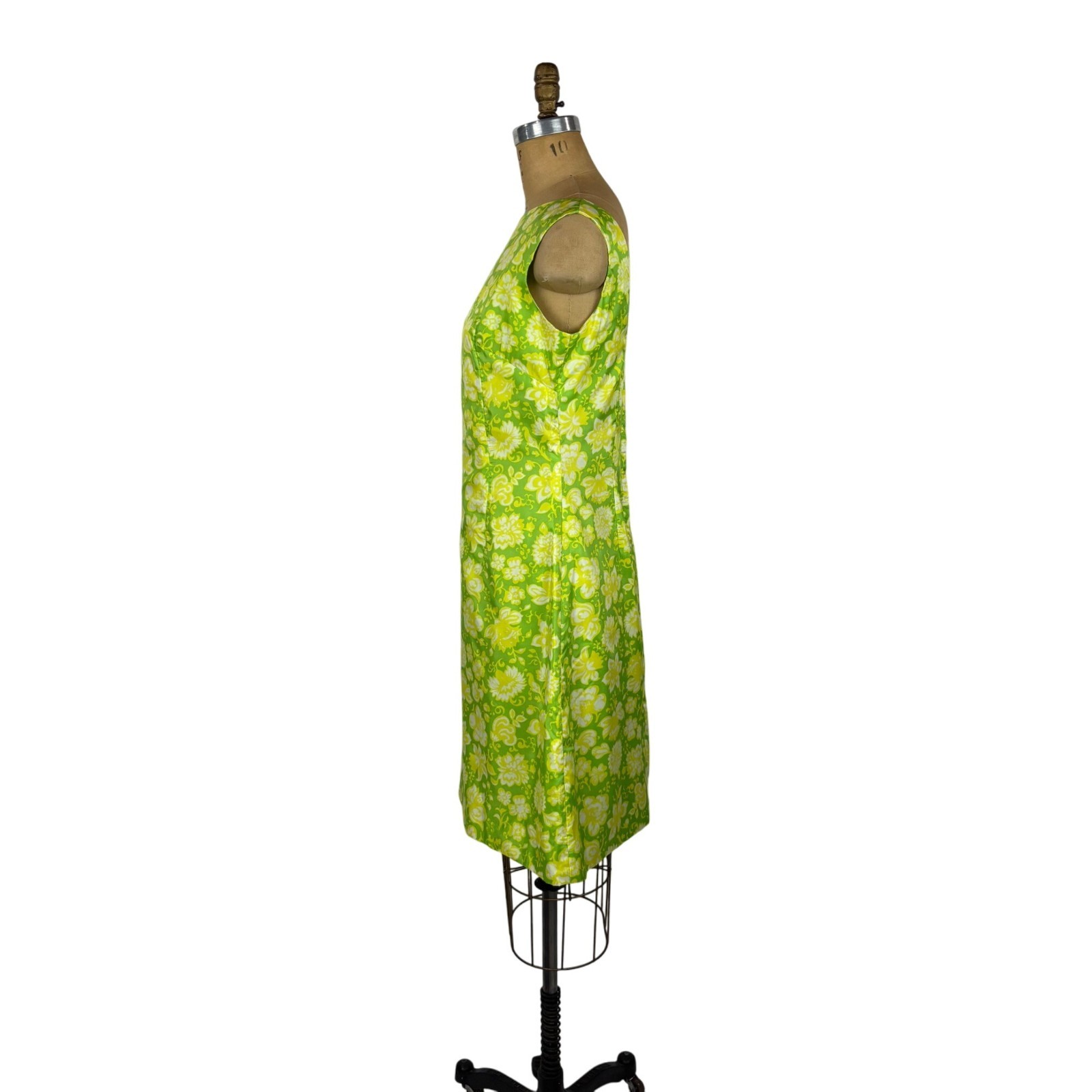 Vintage 60s Floral Dress Womens Medium Lime Green Yellow Mini Sheath Retro