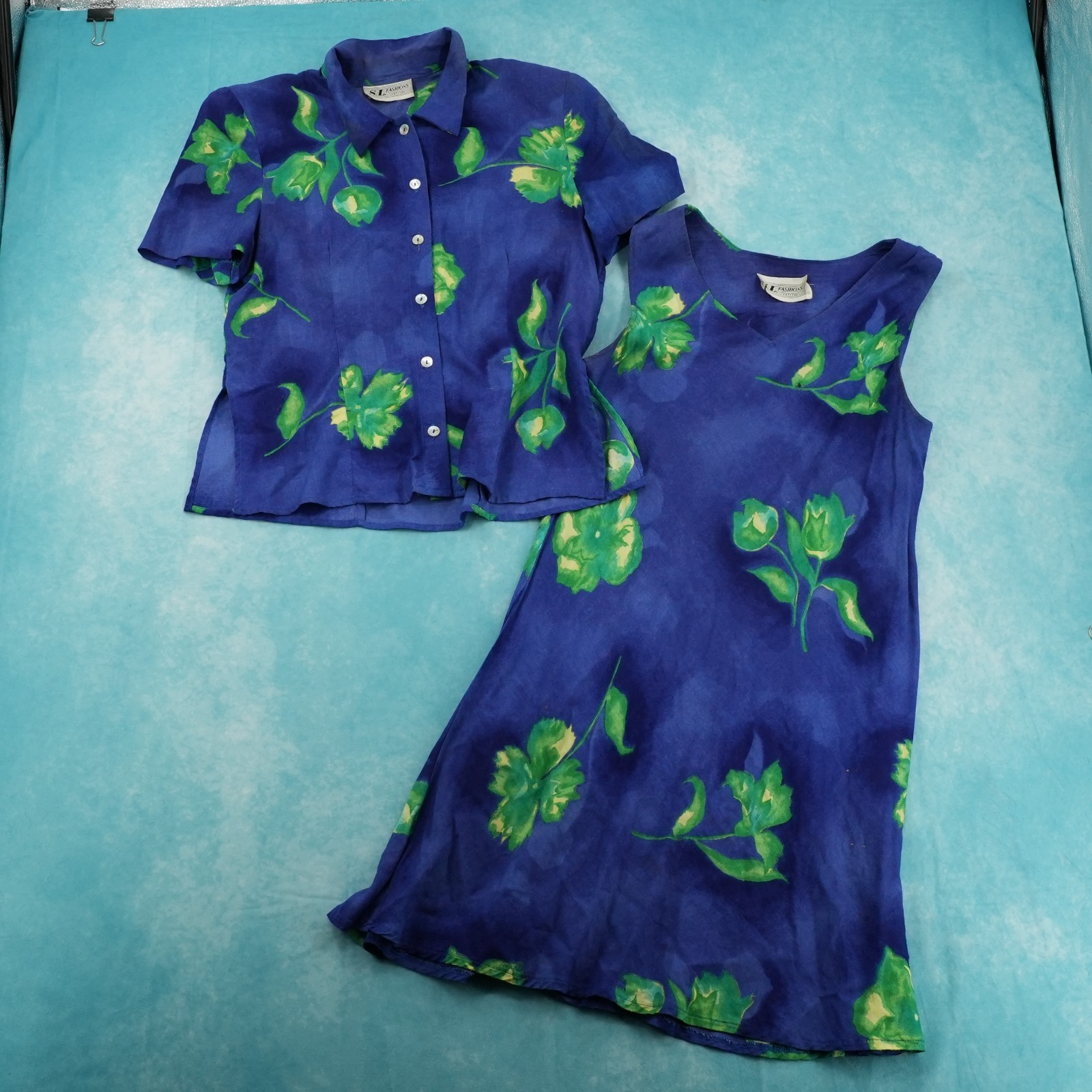 Vintage 1990s S.L. Fashions Rayon 2 Piece Floral Dress Set Blue Green Petite One