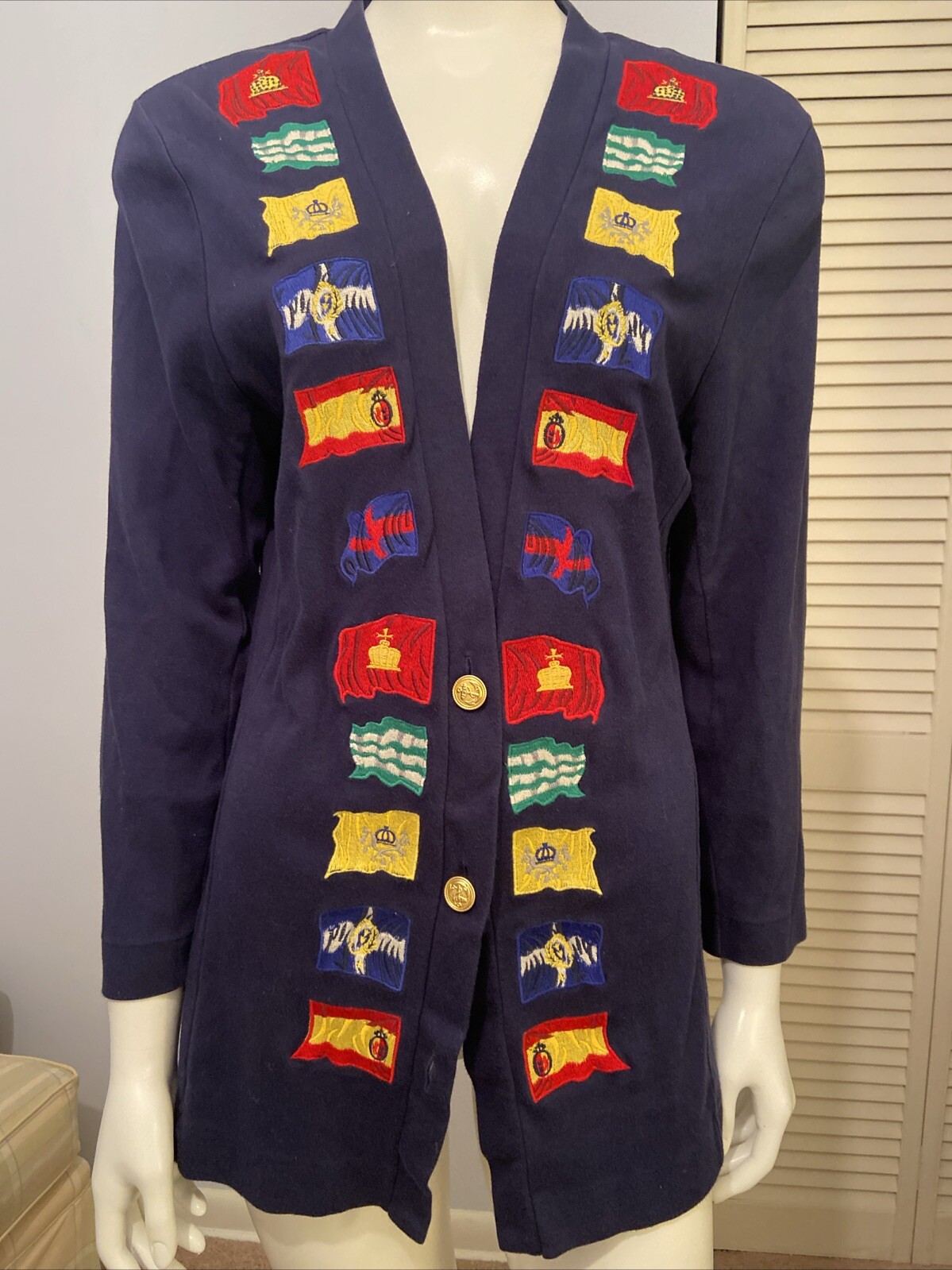 Vintage 80s Cambridge SportsClub Multi Color Womens M Sweater Flags