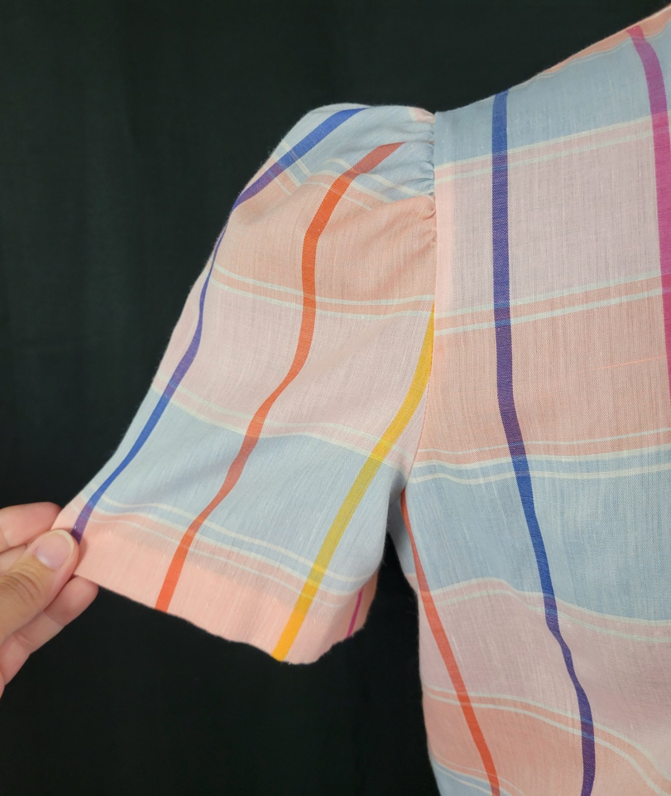 Vtg Lucky Winner Peach/Blue/Pink/Purple Plaid Top w Ruffled Collar Size 11/12