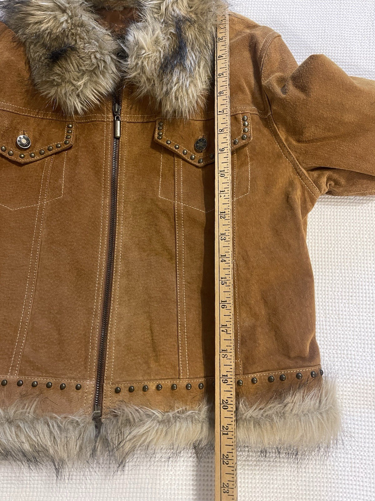 Vtg GIACCA Y2K Genuine Leather Penny Lane Fur Trimmed Studded Full Zip Jacket L