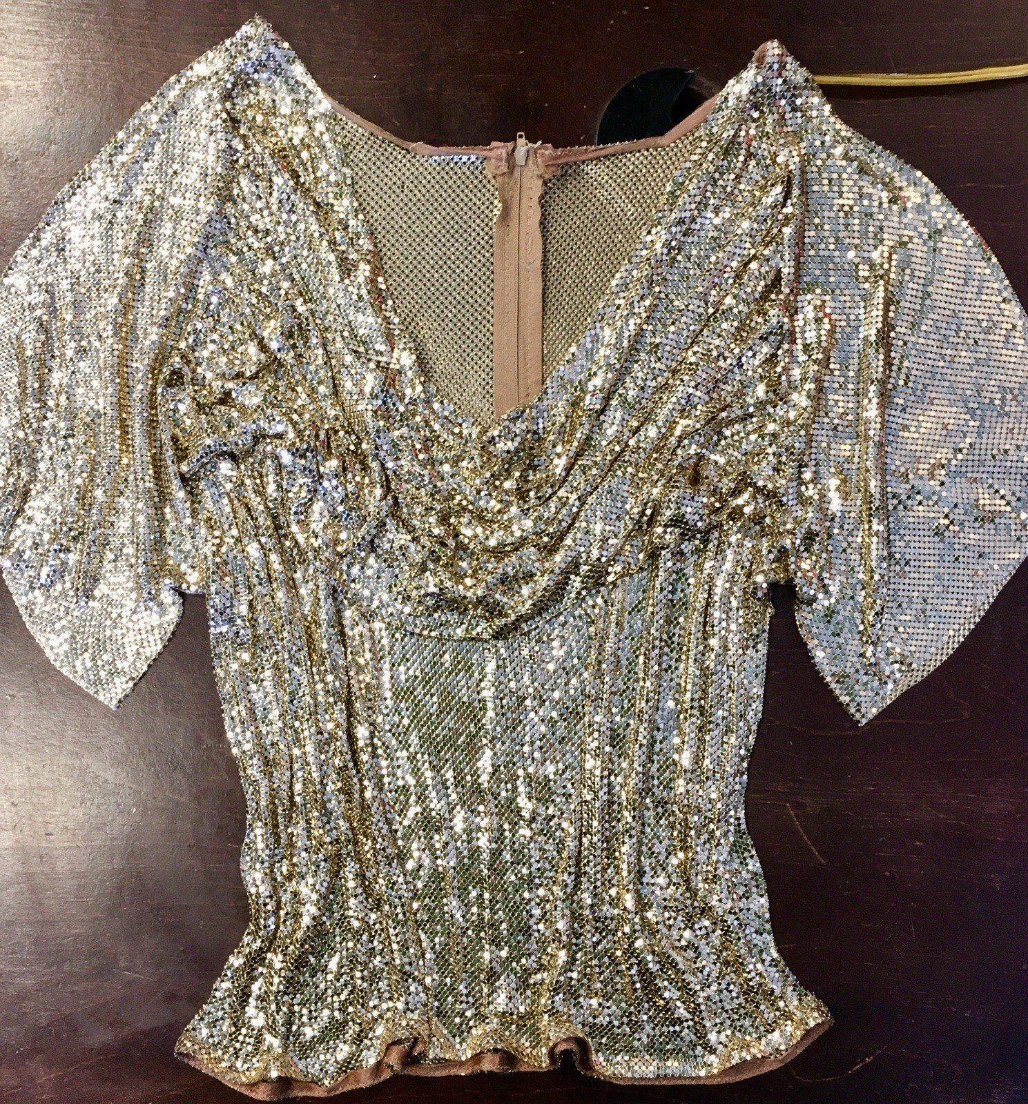 Vtg Whiting Davis Liquid Gold Metal Mesh Chain Mail Draped Front Top 70s Disco M