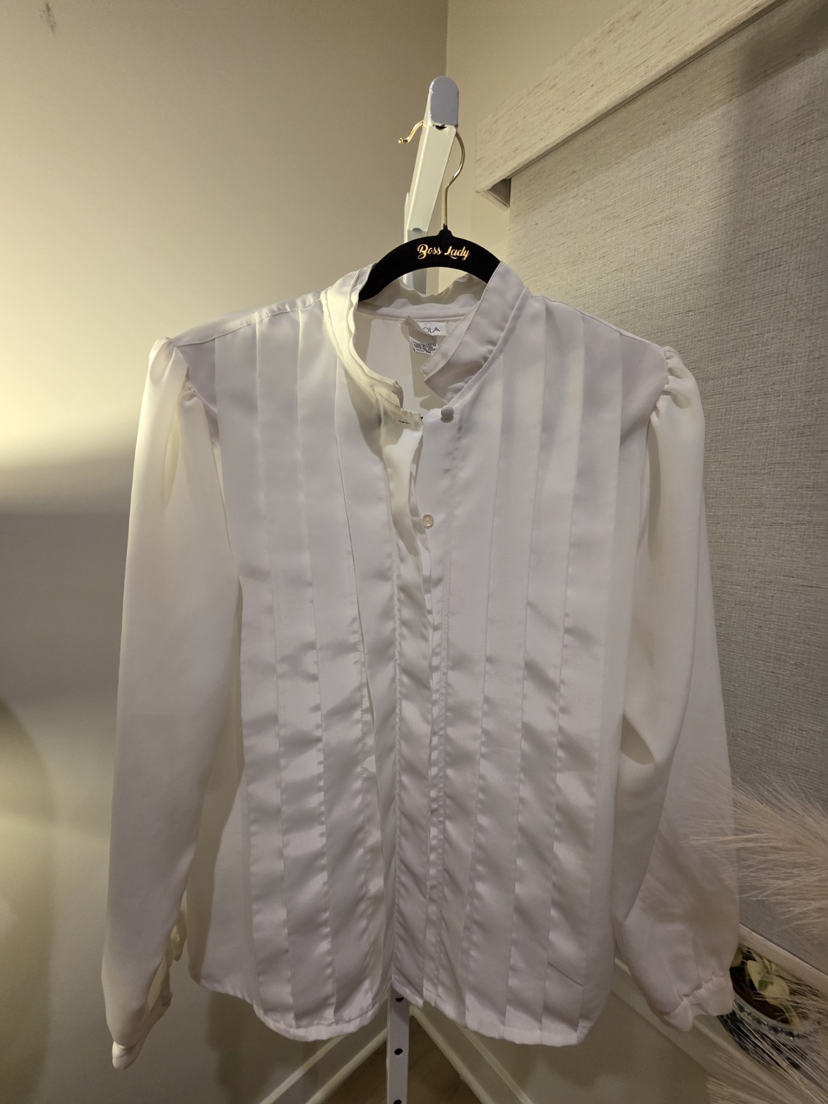 VTG Satin White High Collar Tuxedo Style Victorian Look Blouse Sz. 12