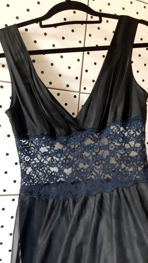 Vintage 80s Black Nylon Peignoir Dress Sexy Guipure Layered Chest 86cm/34″