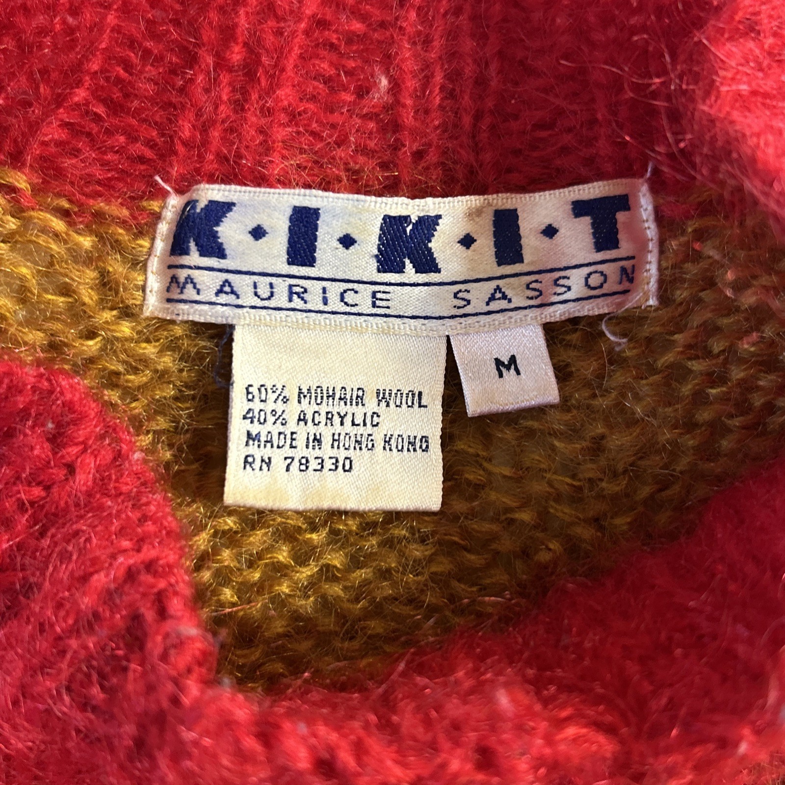 1980’S SWEATER MAURICE SASSON KIKIT RED MOHAIR MOCK TURTLENECK MEDIUM ZIG ZAG