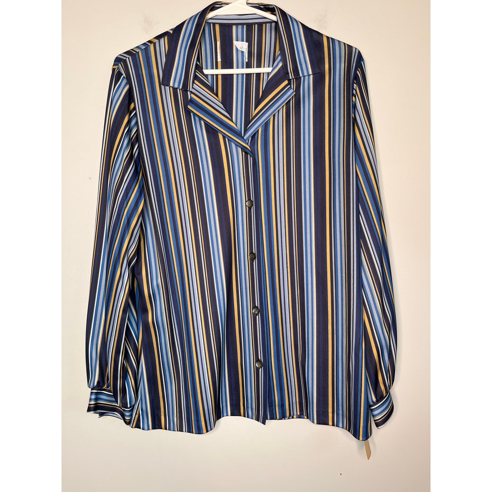 Deadstock 1970s Navy Blue Tan White Stripes Retro Disco Button Up Volup Shirt XL