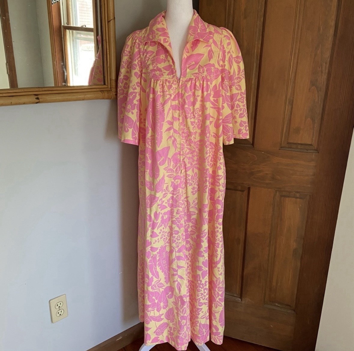 Vintage Ruth Clarage Large Floral Pink Print Mumu House Dress Boho Hand Printed
