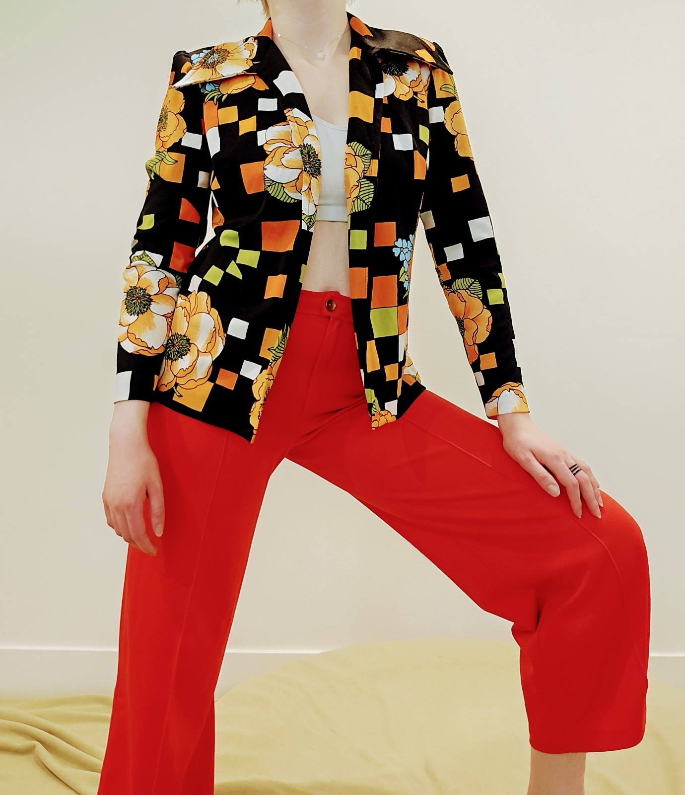 1970s Vintage Dagger Collar Blazer Blouse Orange Green Black White Disco Shirt