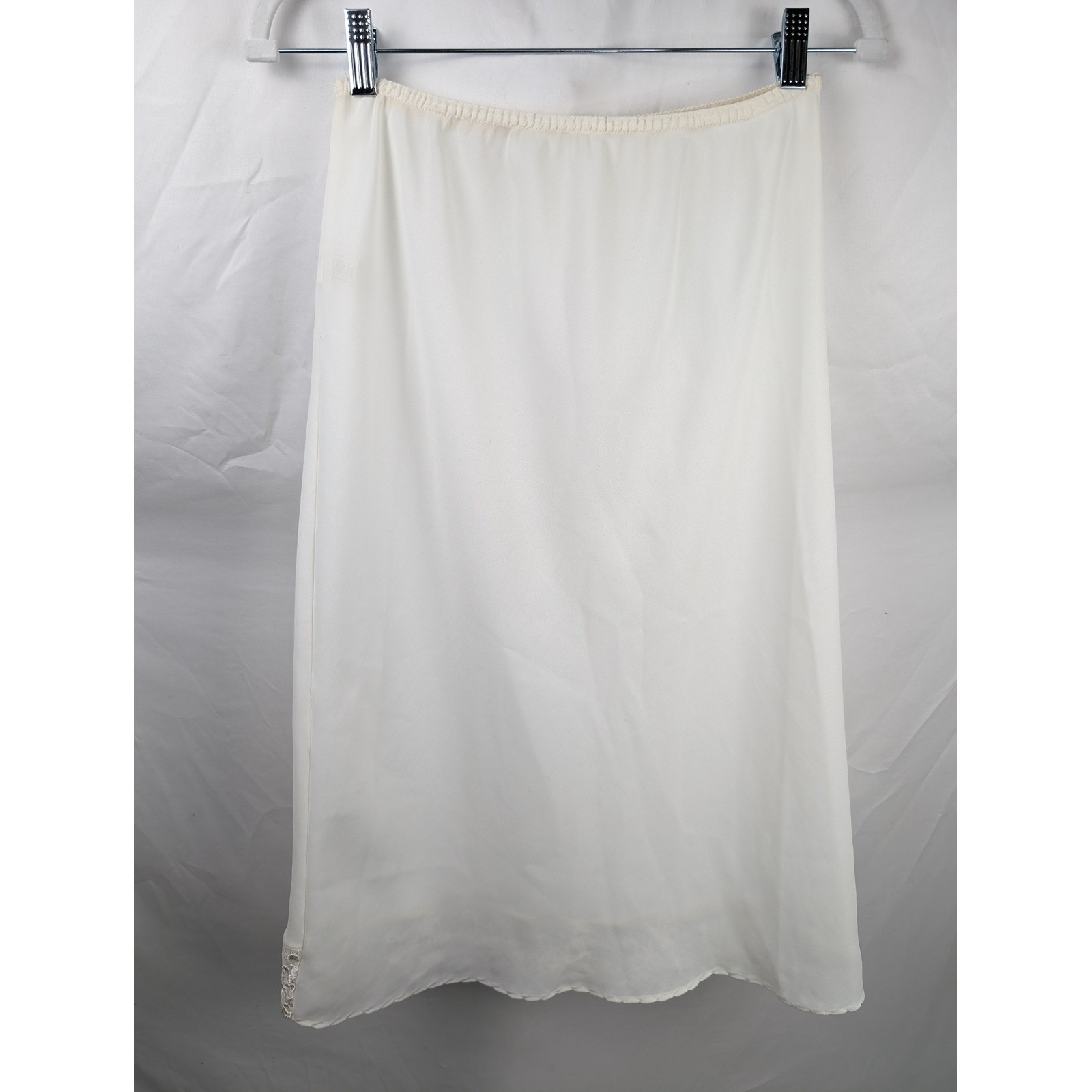 Vintage 80s Satin Lace Trim Half Slip 28″ Skirt Size M White Elastic Waist Retro