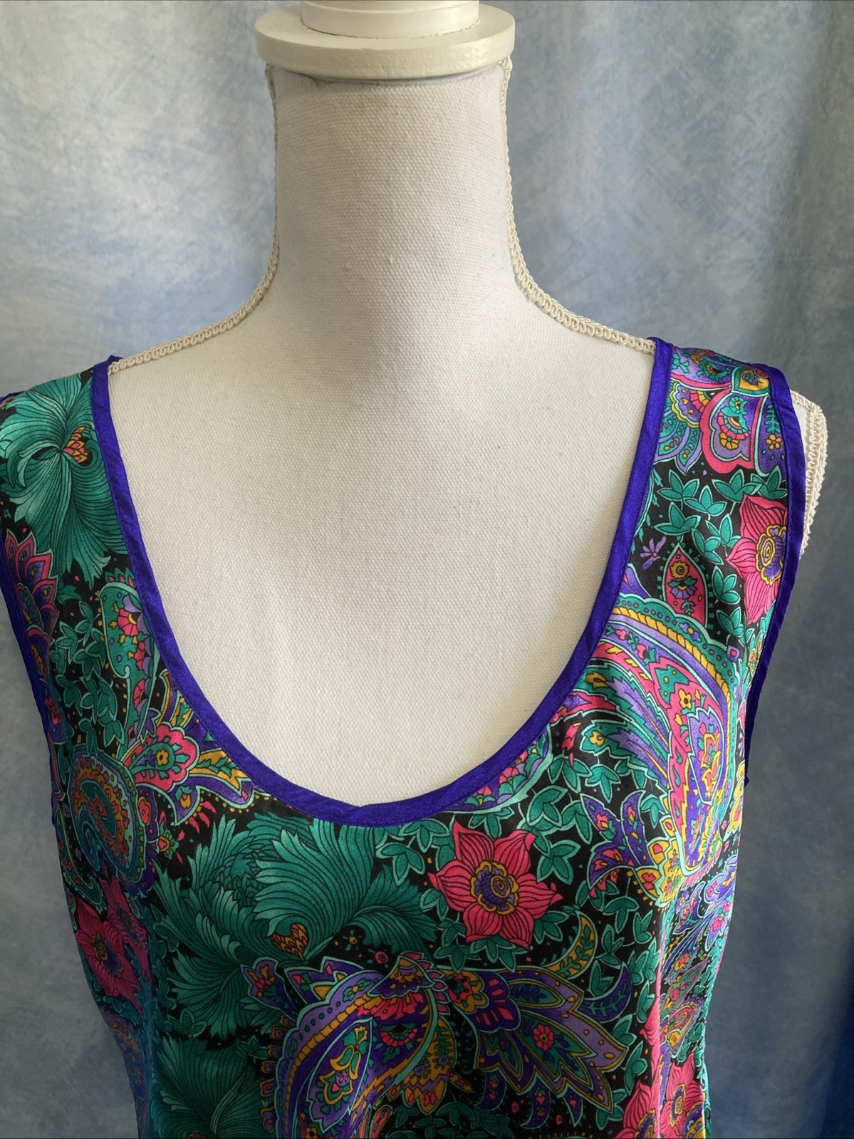Vtg 80s California Dynasty Satin Cami Tank Top Plus 1X Jewel Tone Paisley Floral