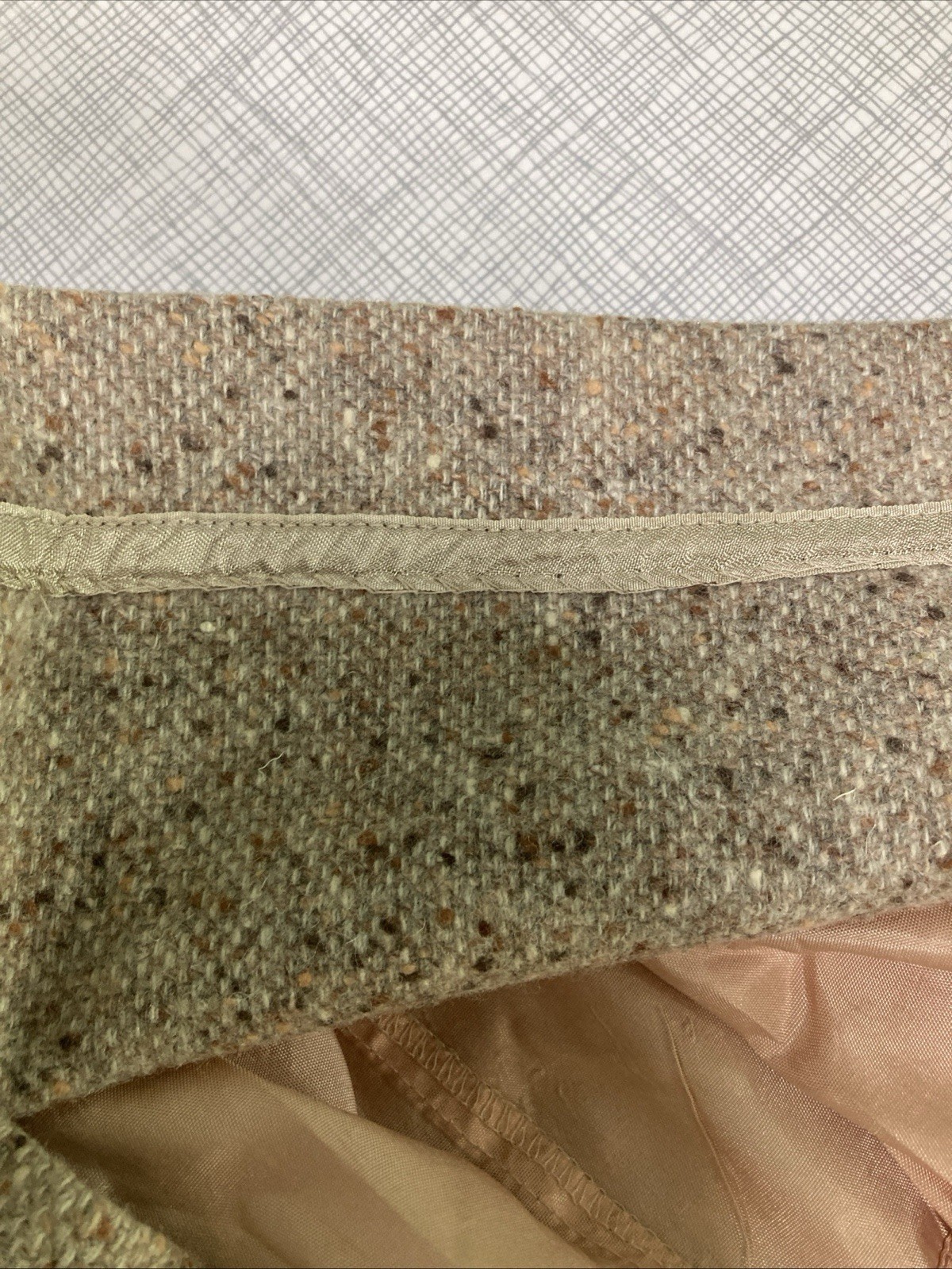 Vintage 70s John Meyer Tweed Midi Skirt Ribbon Hem Beige Wool Blend Size 12