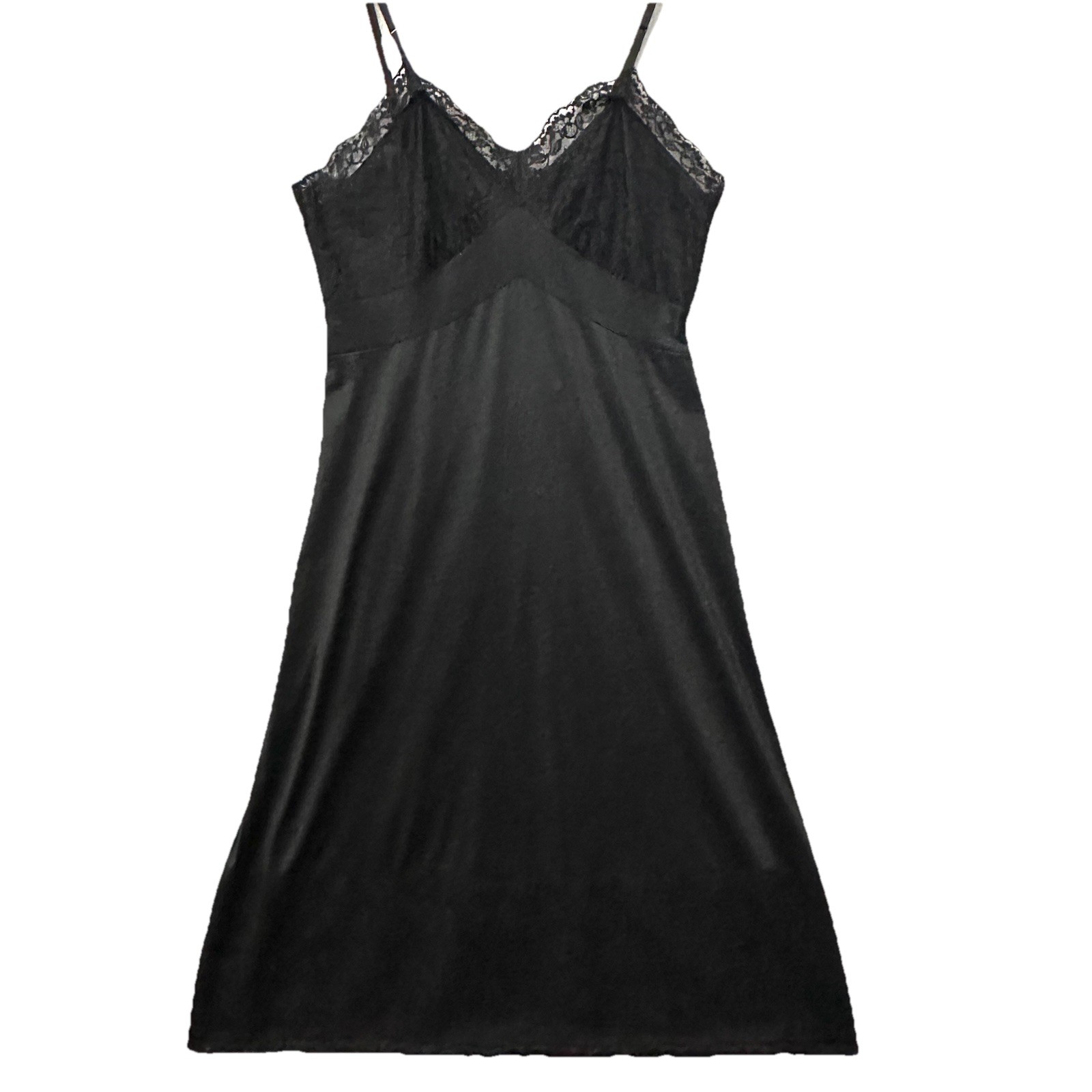 Vintage Vanity Fair Full Slip Dress 34 Black Lace Nylon Tricot Lingerie Babydoll