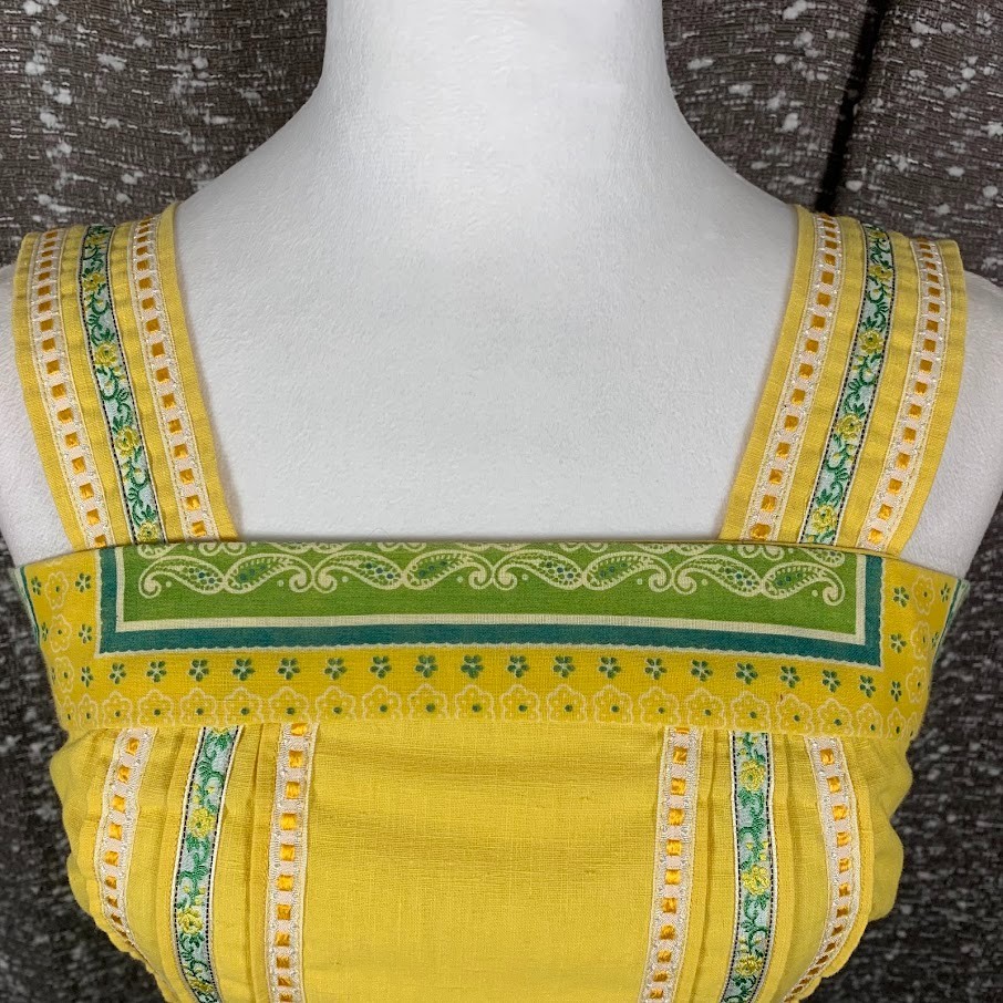 Vintage Handmade Patchwork Dress Ruffled Green/Yellow Boho Cottagecore Women’s
