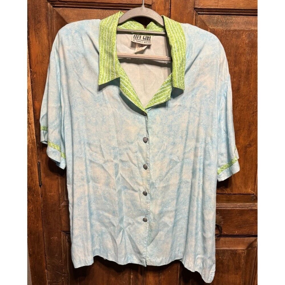 Vintage 80s City Girl Nancy Bolen 2 Piece Pant Set Blue Lime Acid Wash Rayon XL