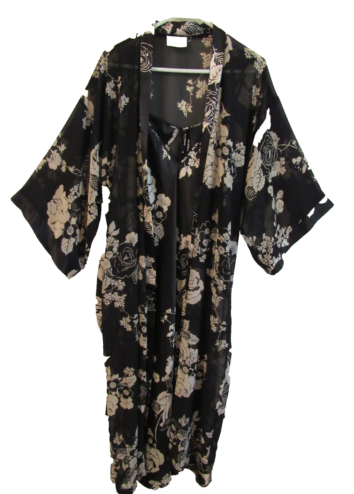 VTG California Dynasty Size Large 2 Piece Nightgown & Robe Black & Cream Floral