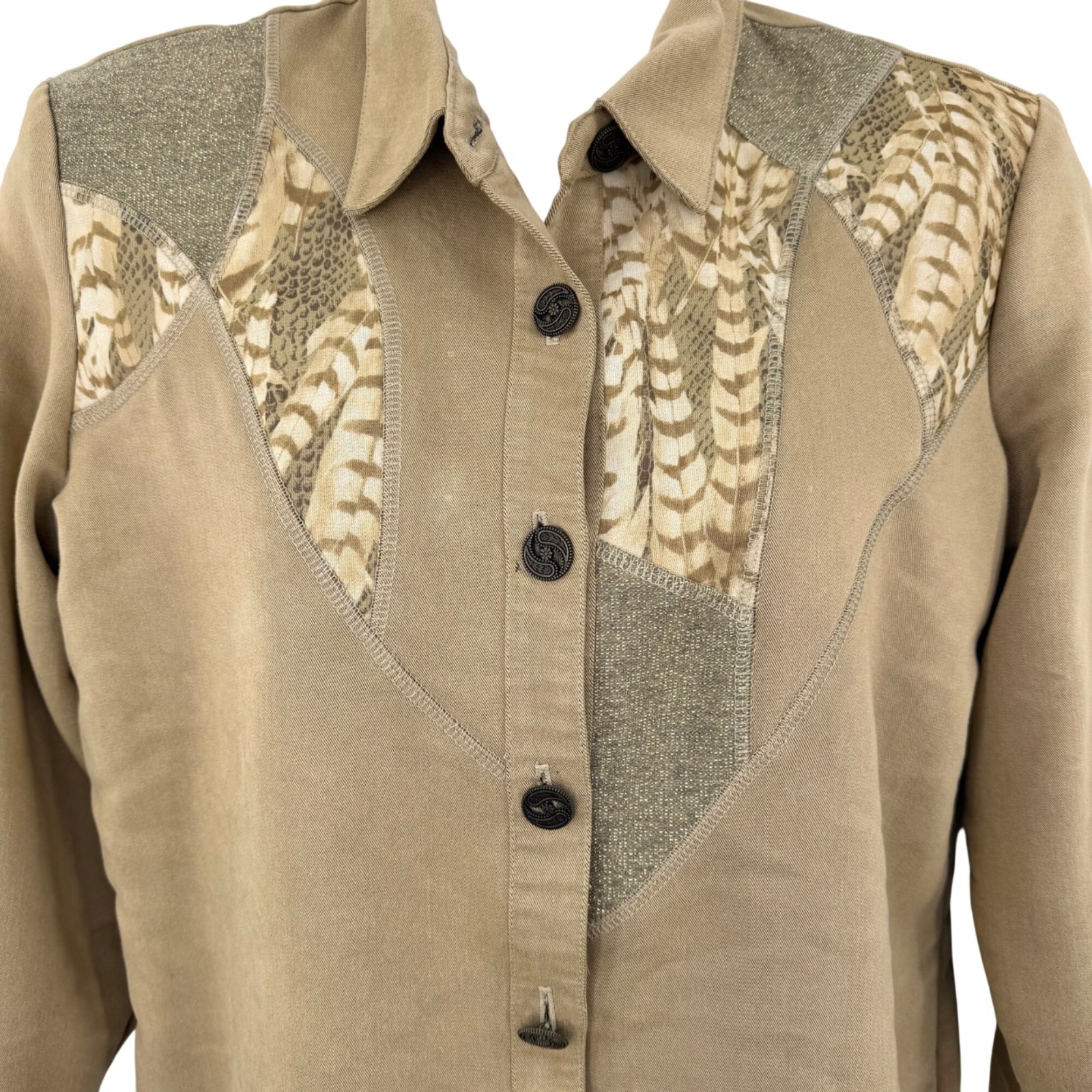 VINTAGE NANCY BOLEN FOR CITY GIRL FANCY BUTTON JACKET W/ FEATHER & METALLIC GOLD