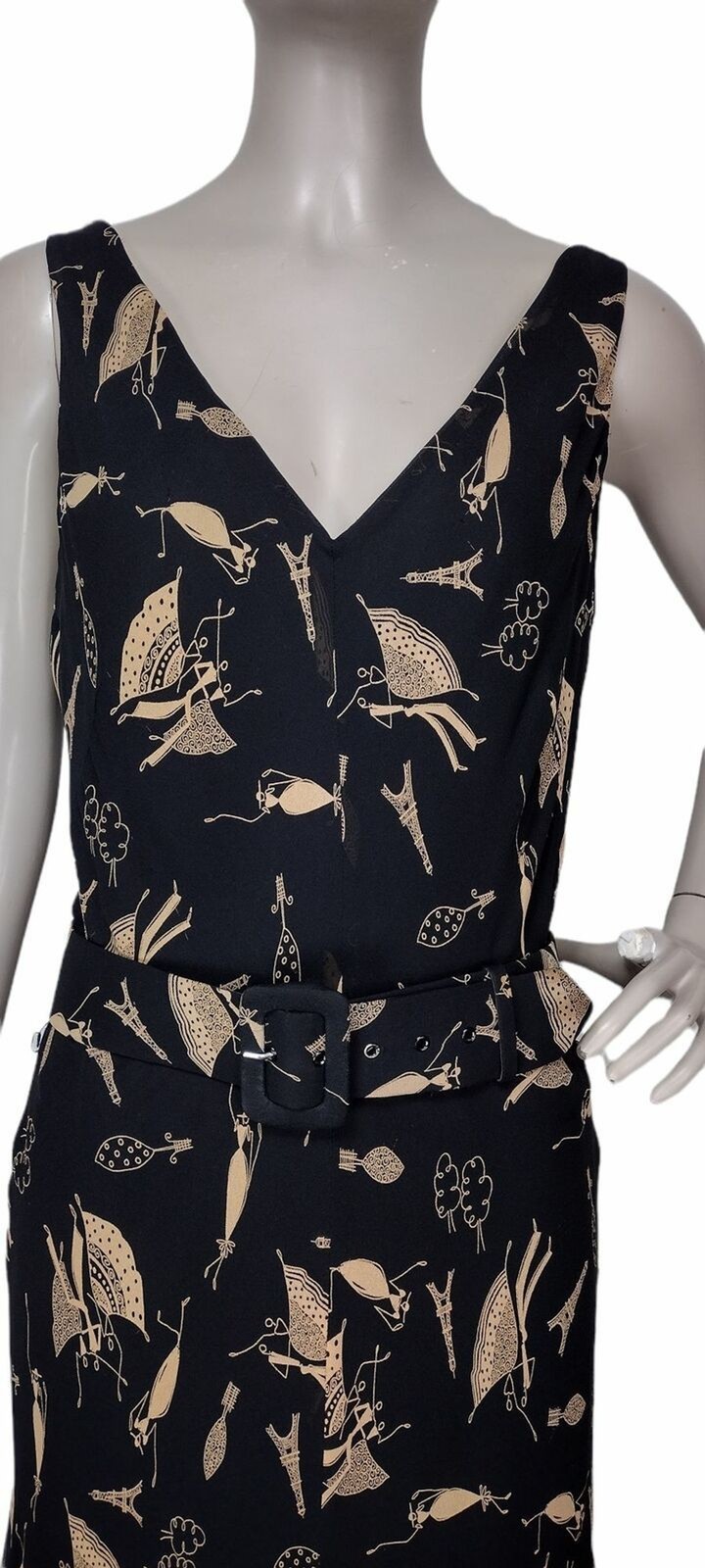 Vintage 90s 100% Silk Black Gold Paris Flamenco Dancer All Over Print Dress