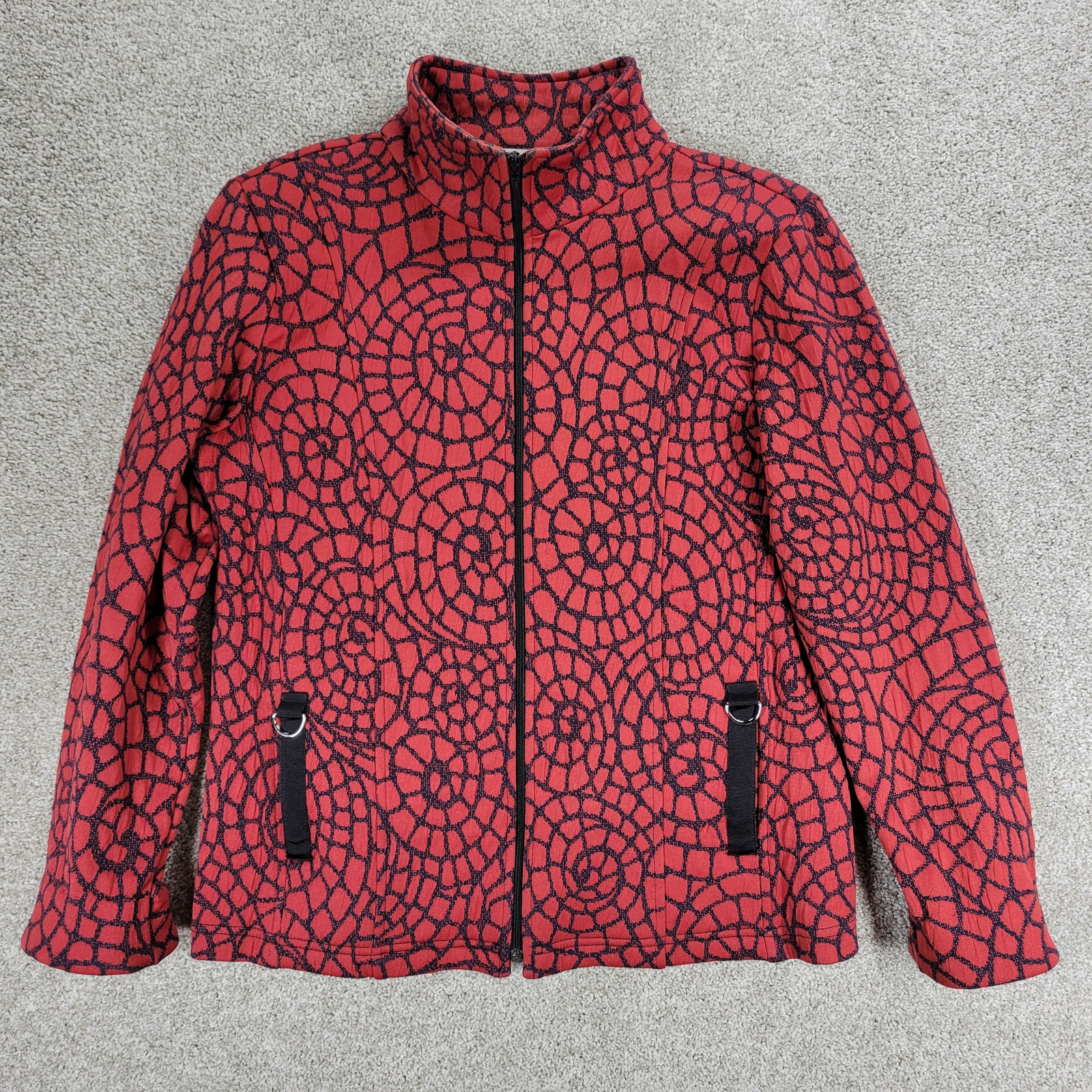 Vintage Rafael Sport Jacket Womens M Red Black Printed Zip Up High Neck Pockets